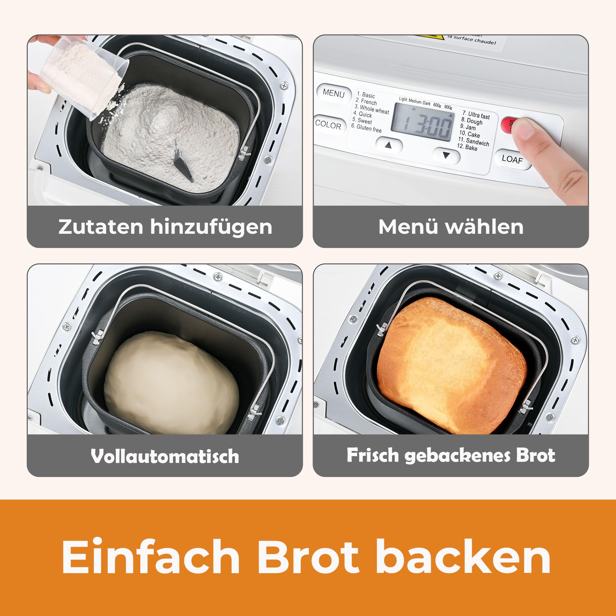Kitchen in the box Brotbackautomat mit 12-in-1 Programmen, 2 Brotgrößen, 900g, Brotbackmaschine mit 13h Timer, Zutatenspender & Antihaft-Backform, Weiß