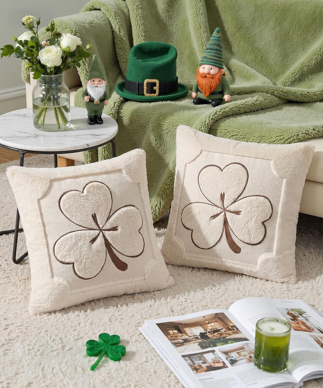 St. Patrick’s Day Pillow Covers Set of 2 Faux Rabbit Fur Velvet Throw Pillow Covers Shamrock Decorative Retro Home Decor for Couch Sofa Living Room Bedroom (Beige Shamrocks, 18×18)