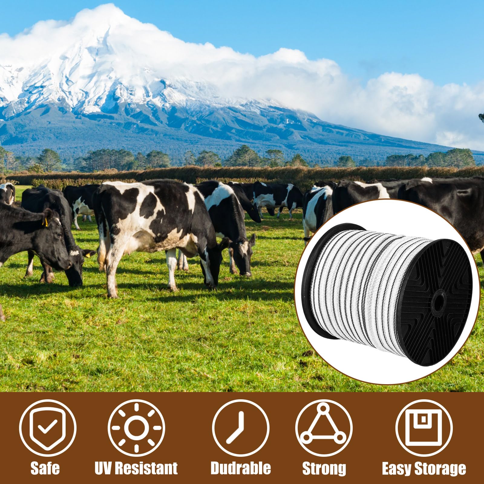 Yaocom Cinta de valla eléctrica de 200 m para ganado con cinta de polietileno de alta visibilidad, kit de valla eléctrica de alambre caliente con 4 conductores de acero inoxidable de 0,18 mm (3/4