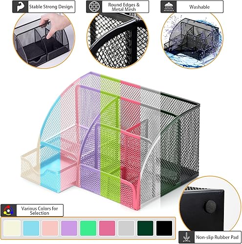 Miniatura 8 de Boutilon Organizador de escritorio de malla, suministros de oficina, organizador estacionario con 6 compartimentos y 1 cajón, soporte multifuncional