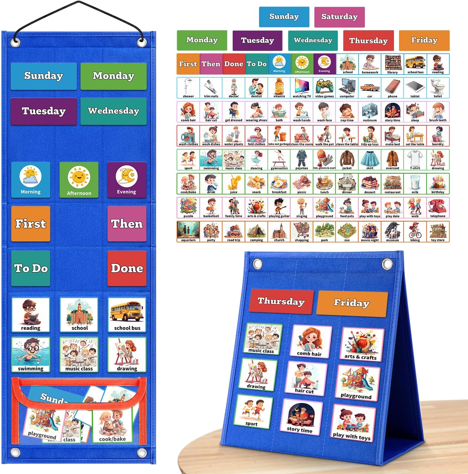 PITCOTT Visual Schedule for Kids Chore Chart，103 Daily Schedule Board Routine Pocket Chart Cards for Toddlers,Autism Learning Material Tool Wall Planner for Home School with 3 in 1 Cards Gift for Kids