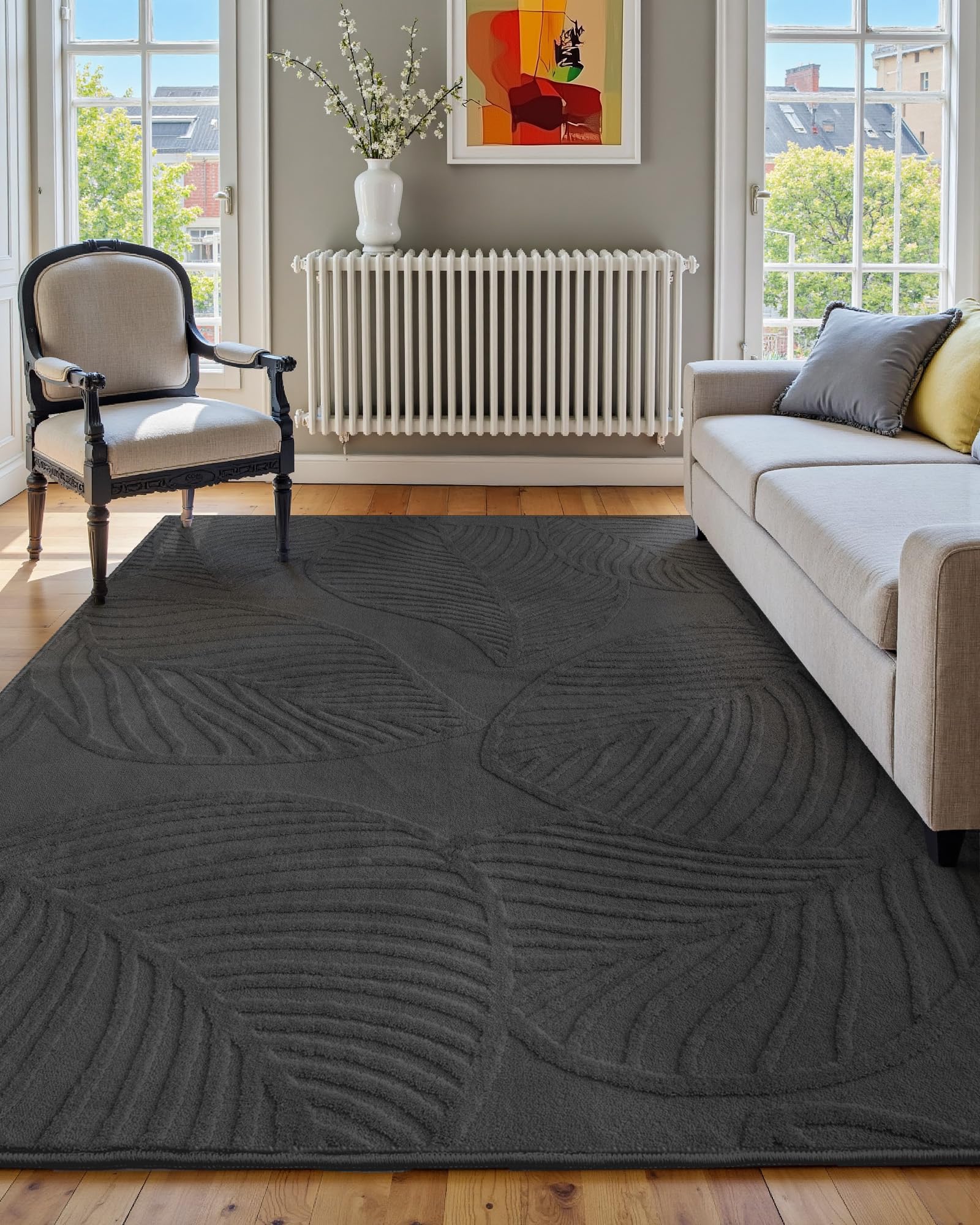 Tapis doux antidérapant et résistant aux chutes motif feuilles gris