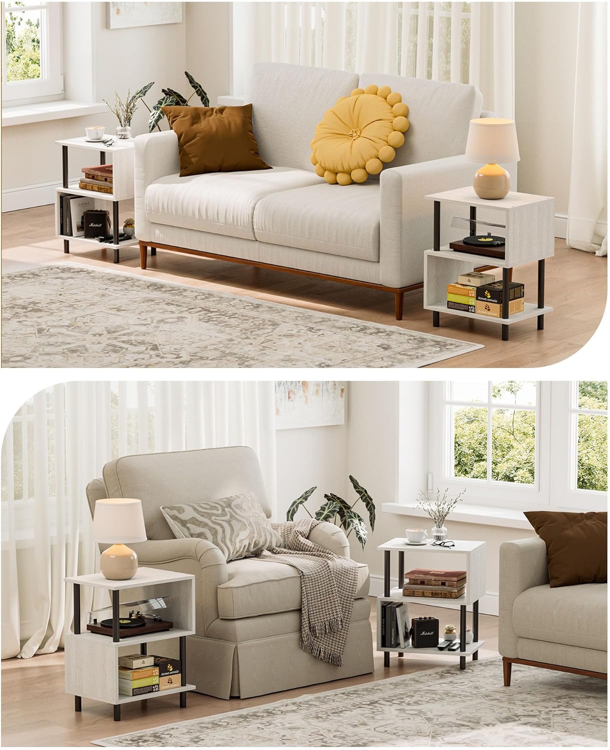 Frylr Small Side Table, End Table and Nightstand with 3-Tier Wood Shelves, Sturdy Metal Frame with 44 LBS Capacity per Shelf, Easy to Assemble for Living Room or Bedroom,Greige