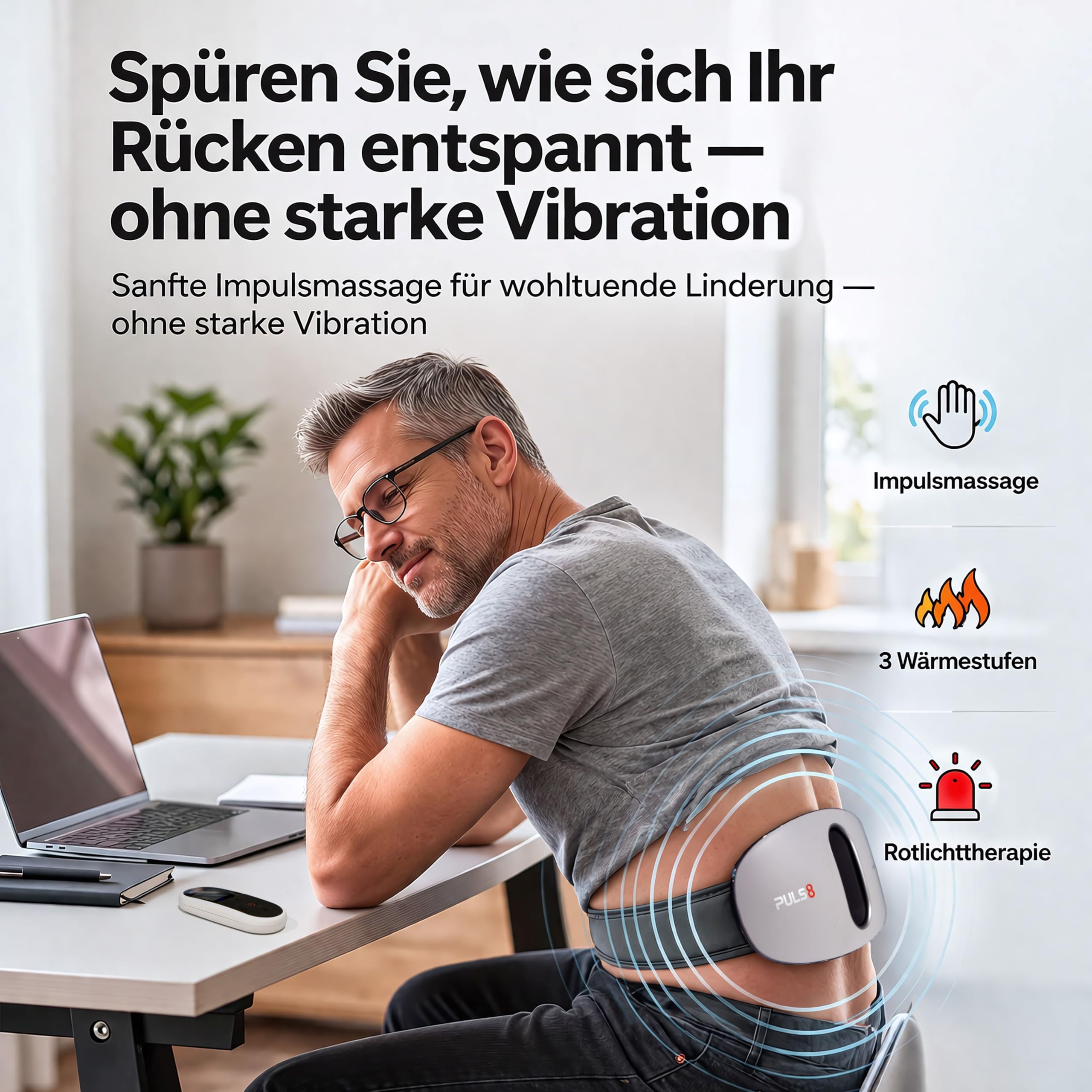 MEDiBrace PULS8 Lenden- & Bauch-Pulsmassage-Gürtel für den unteren Rücken mit Wärmefunktion, USB-C-wiederaufladbar, kabellos, Rotlicht (LED)