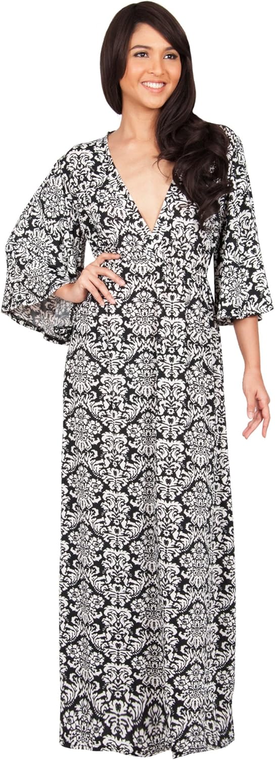 KOH KOH Womens 2026 Long 3/4 Sleeve V Neck Bohemian Print Flowy Maxi Dress Gown