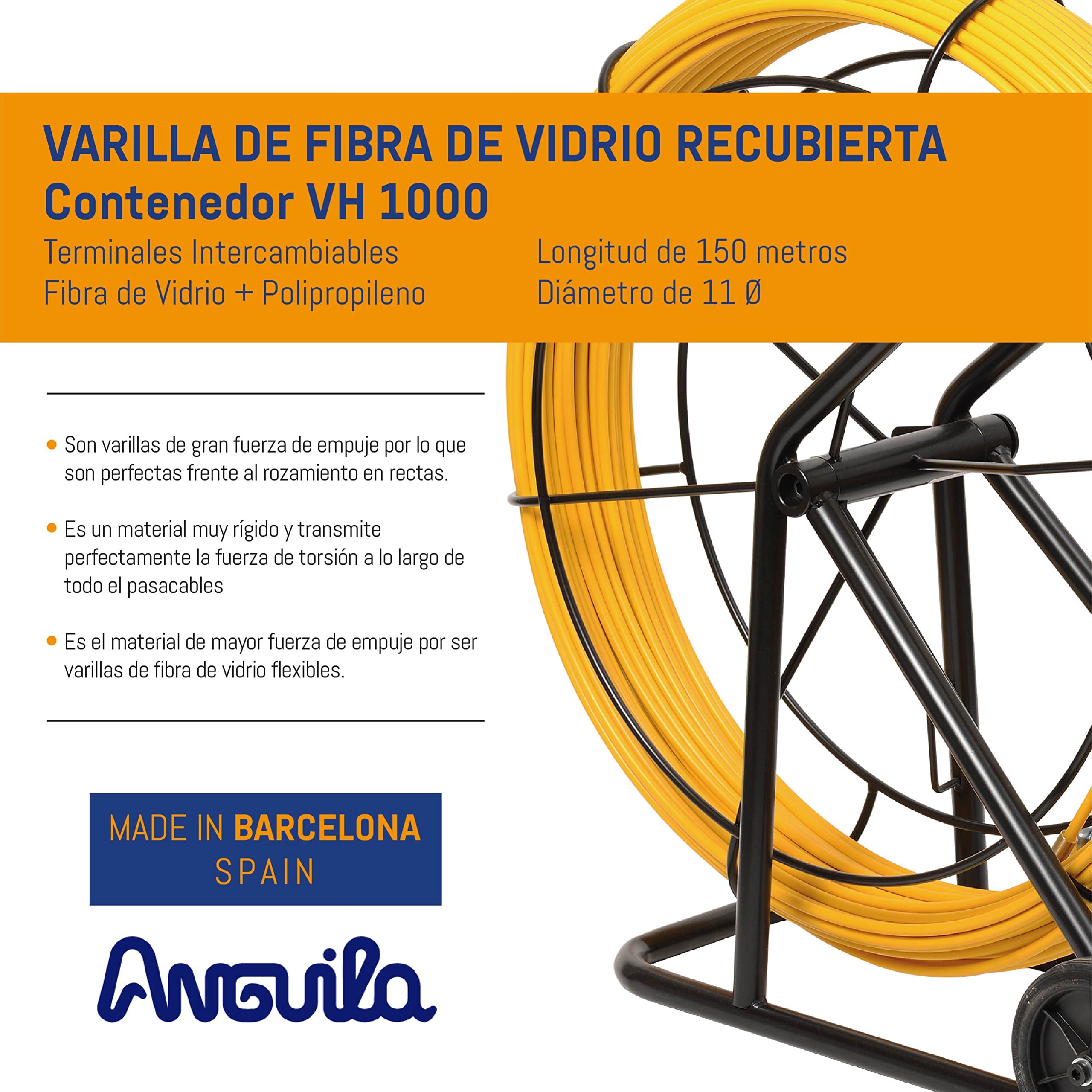 Anguila Pasacable Industrial Fibra Vidrio Amarillo ⌀11mm 150m VH800 | Rígida, sin efecto memoria y gran fuerza de empuje en recto; terminales intercambiables; incluye 2 accesorios
