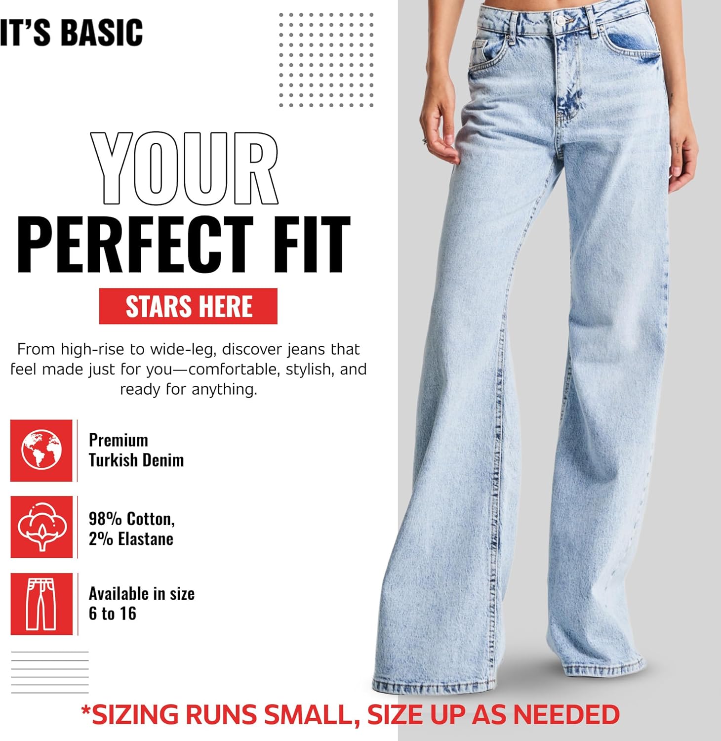 IT'S BASIC Wide Leg Jeans for Women High Waisted, Relaxed fit, Flared Trendy Womens Jeans Stretchy Denim Pants, Stonewashed - Image 3