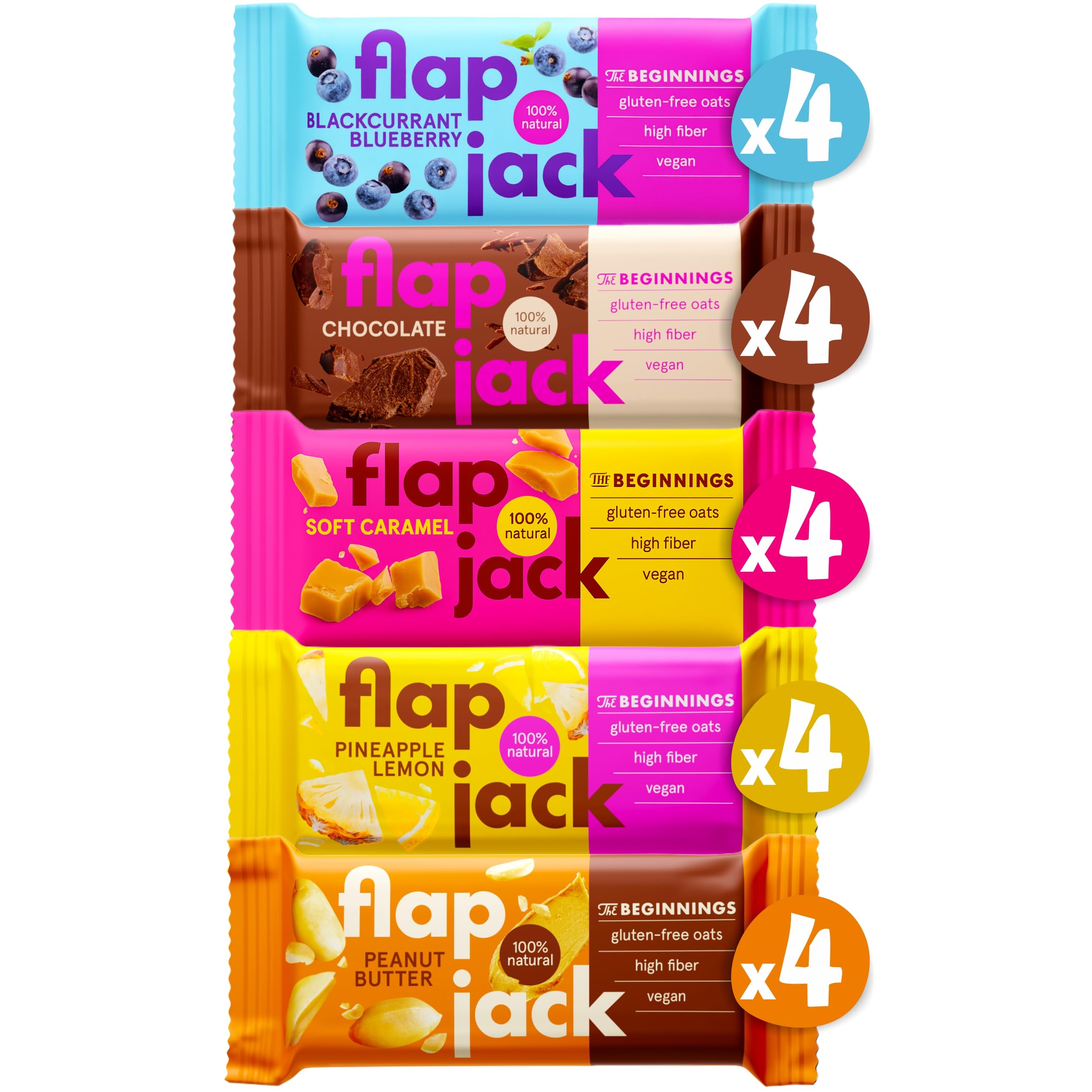 The BEGINNINGS Flapjack all’avena Mix box 5 gusti x 4 barrette – 20 x 60 g (1,2 kg) – barrette ai cereali di avena – vegan, senza glutine – ricche di fibre