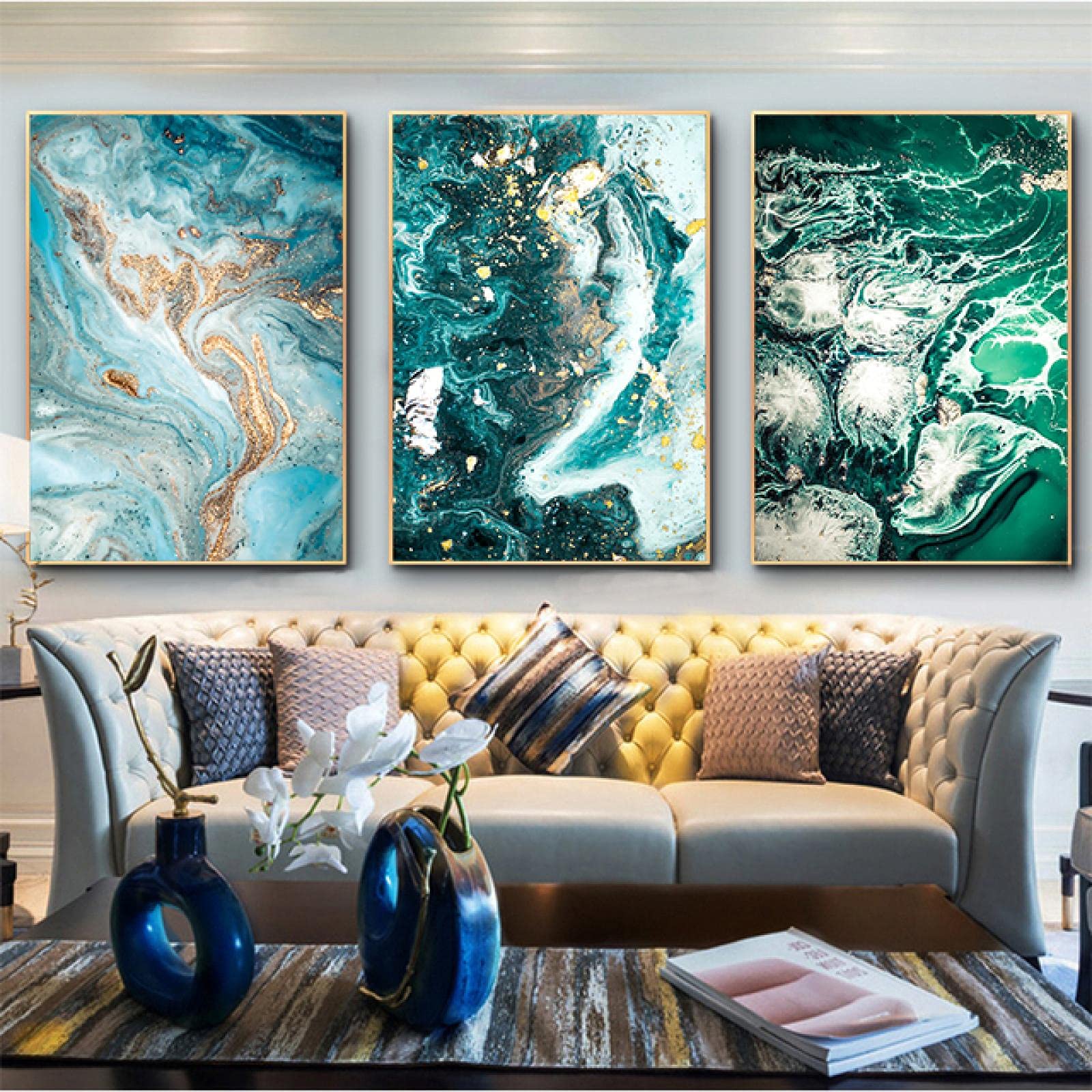 Décor de salon peinture abstraite dorée triptyque sans cadre 60x90 - 6