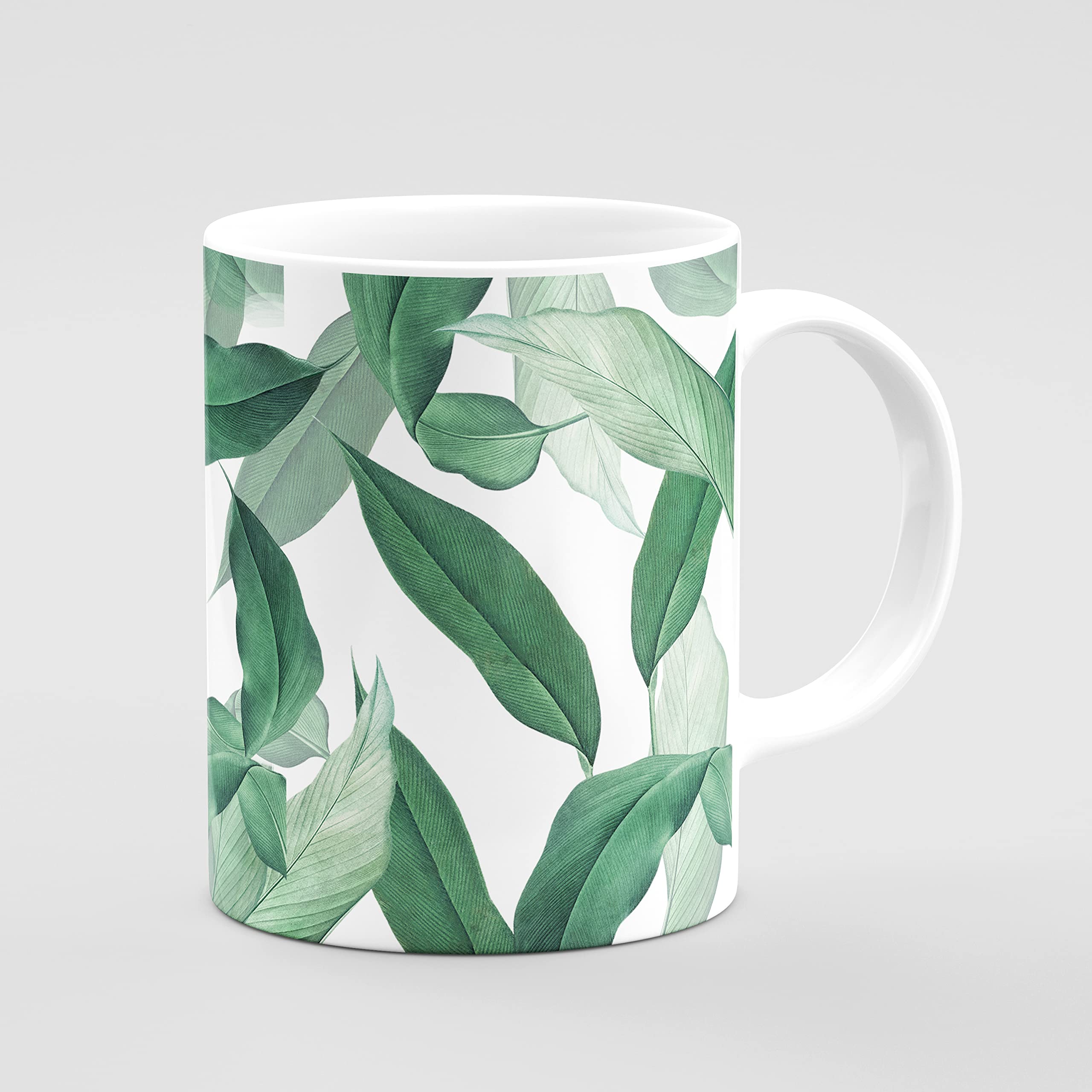 ARTSTORE Dark Green Long Leaf Realistic Pattern Printed White Ceramic Tea Coffee Mug, Best Gift Item for Friends and Family, Art Lovers, Nature Lovers, 325ml