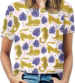 Womens T Shirts Cheetah Printed Summer Tops Casual Crew Neck