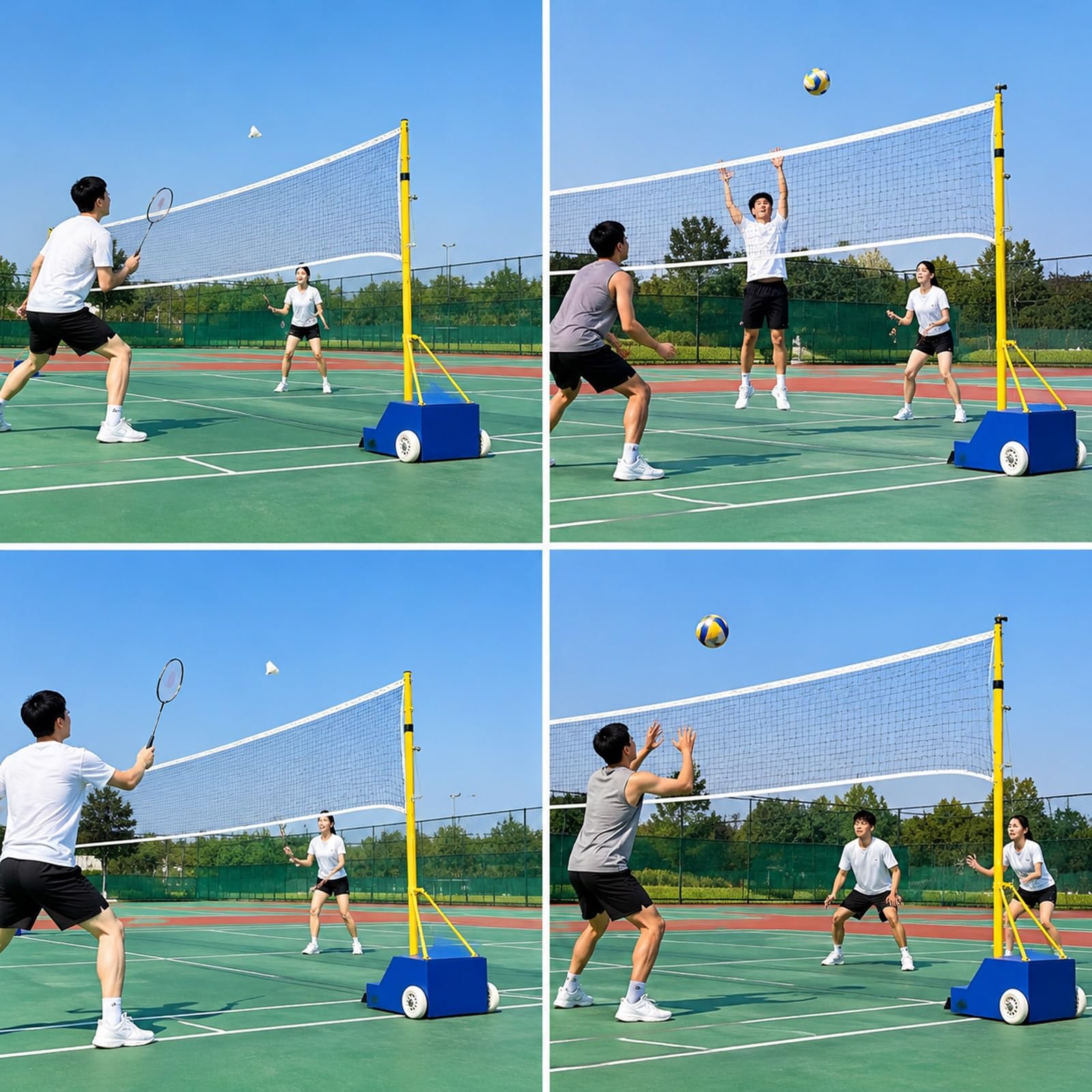 Volleyballpfosten Tragbarer Badminton Netzständer 155–210cm | Stahlrahmen, Geeignet für Sporthallen, Parks, Gärten und Schulen, Inklusive 7m Volleyballnetz und 6,1m Badmintonnetz