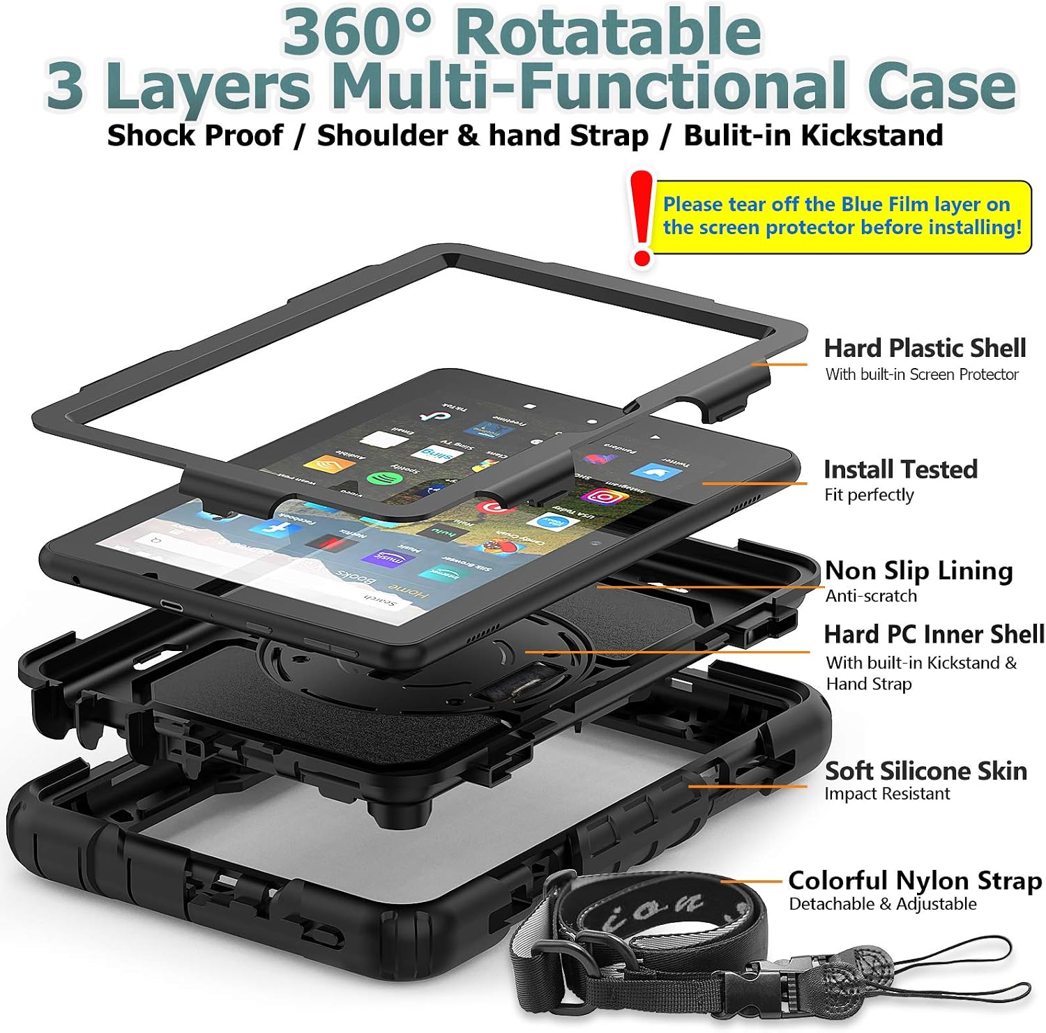 SEYMAC stock Case for Fire HD 8/8Plus (10th Generation 2020), Shock-Proof Case with [360 Degree Rotating Stand] Hand Strap[Pen Holder][Screen Protector] for Fire HD 8/8 Plus 10th 2020 (Black)