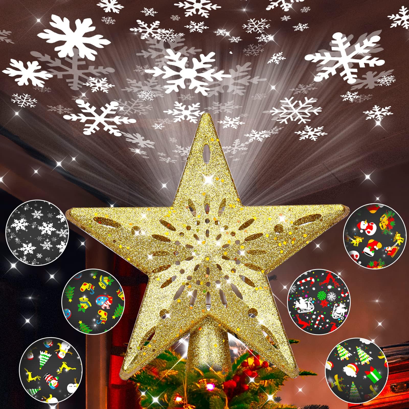 Johiux Etoile Sapin de Noel,Pointes de Sapin 3D Rotation Projecteur,Etoile Sapin de Noel Lumineuse,Arbre de Noël Topper,Cimier de Sapin de Noël