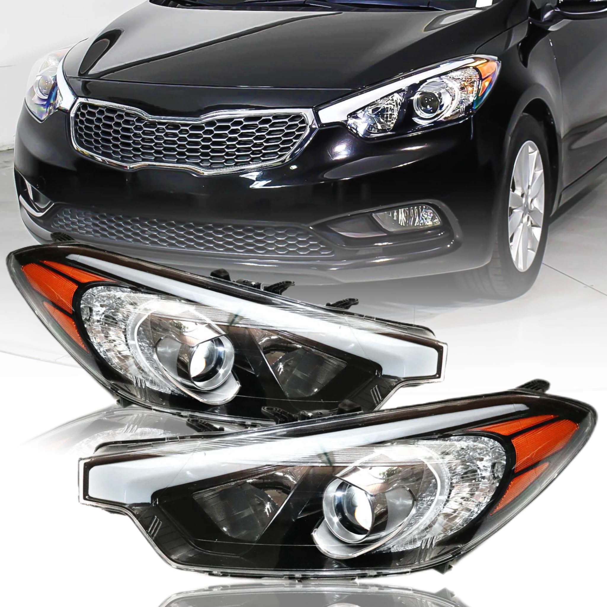 XIJIE - Headlights Assembly Compatible With 2014-2016 Kia Forte, Forte Koup, Forte 5 Halogen o/w LED DRL 1 Pair Headlights Driver's Left Side and