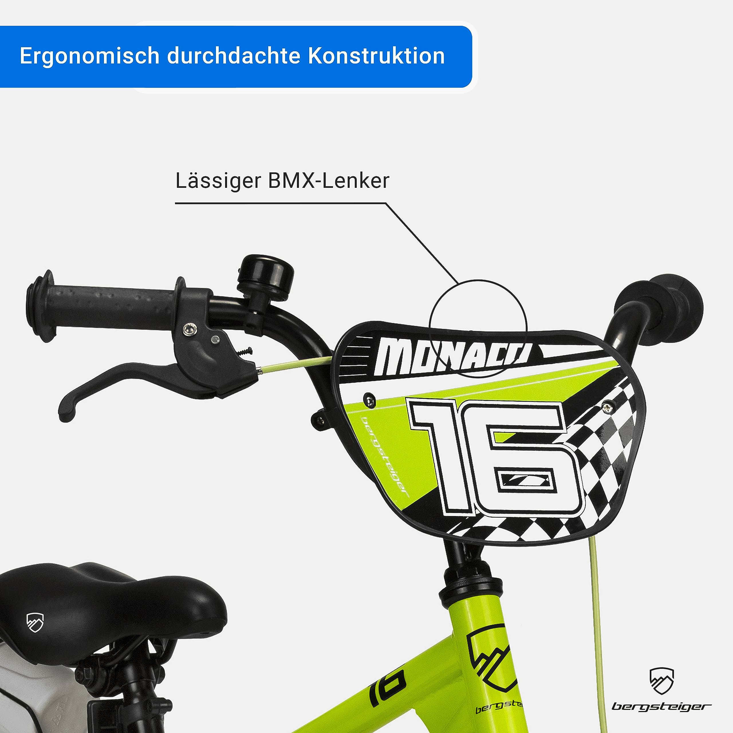 Bergsteiger Monaco 16 Zoll Kinderfahrrad, geeignet für 4, 5, 6 Jahre, BMX, Stützräder, Rücktrittbremse, Trinkflasche, Kettenschutz
