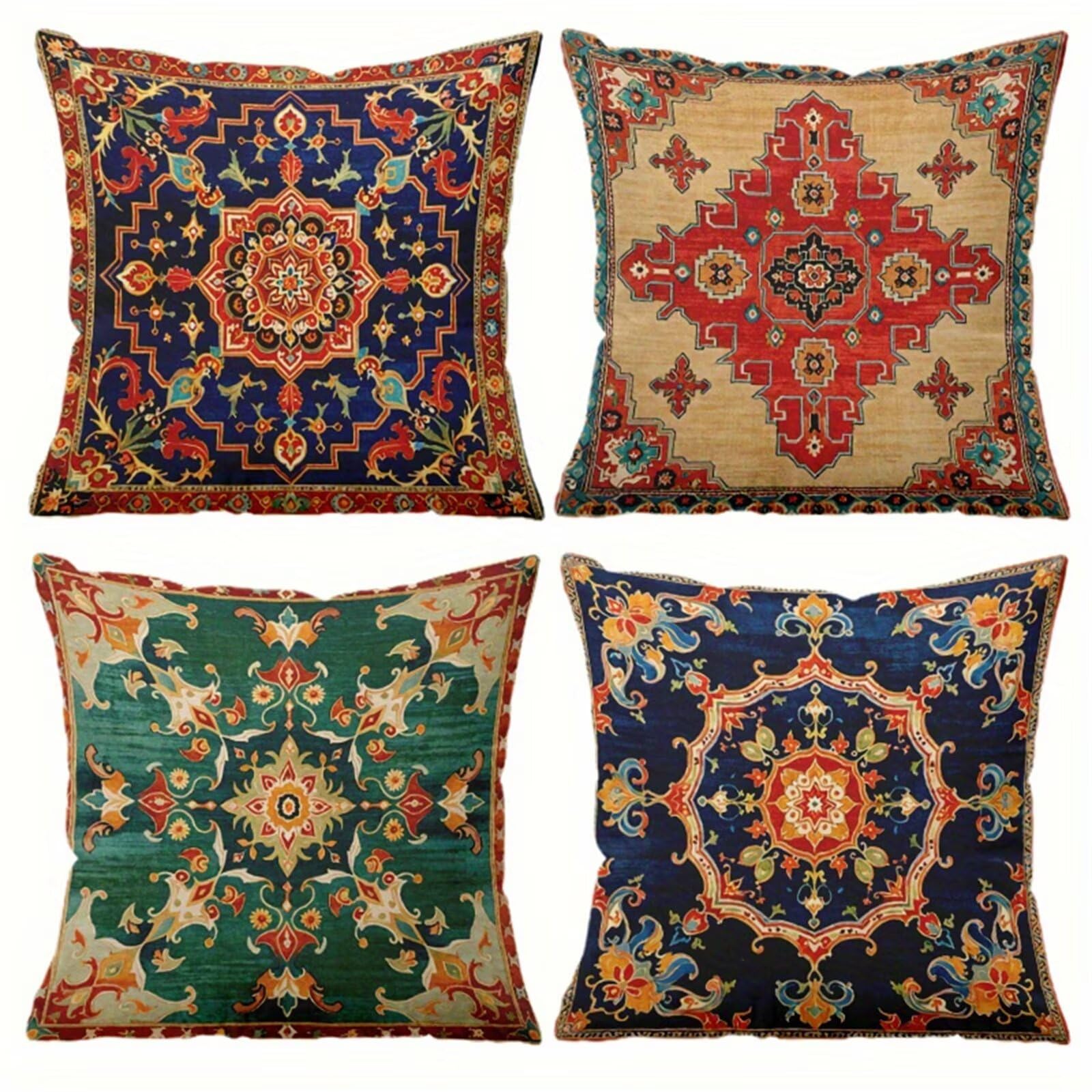 QiHon Bohemia Cushion Covers 30x30 cm Set of 4, Decorative Throw Pillow Cases, 12x12 inch Square Linen Pillowcases for Sofa Living Room Bedroo