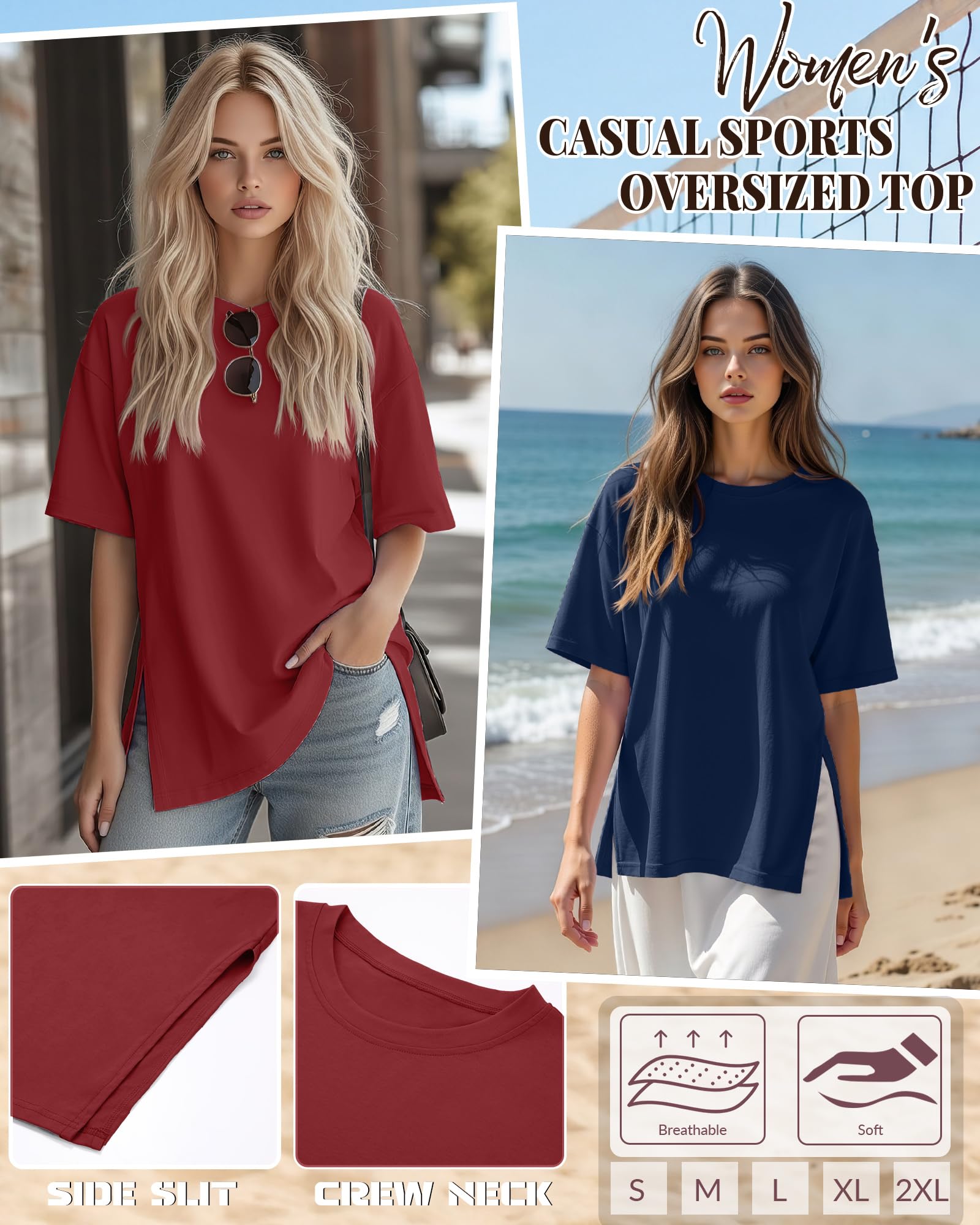 Geyoga Lot de 3 T-Shirts Oversize Femme | T-shirts Longs Coupe Ample, Hauts De Gym Baggy Ete, Manches Courtes, Col Rond, Fentes Laterales, Mode Grande Taille