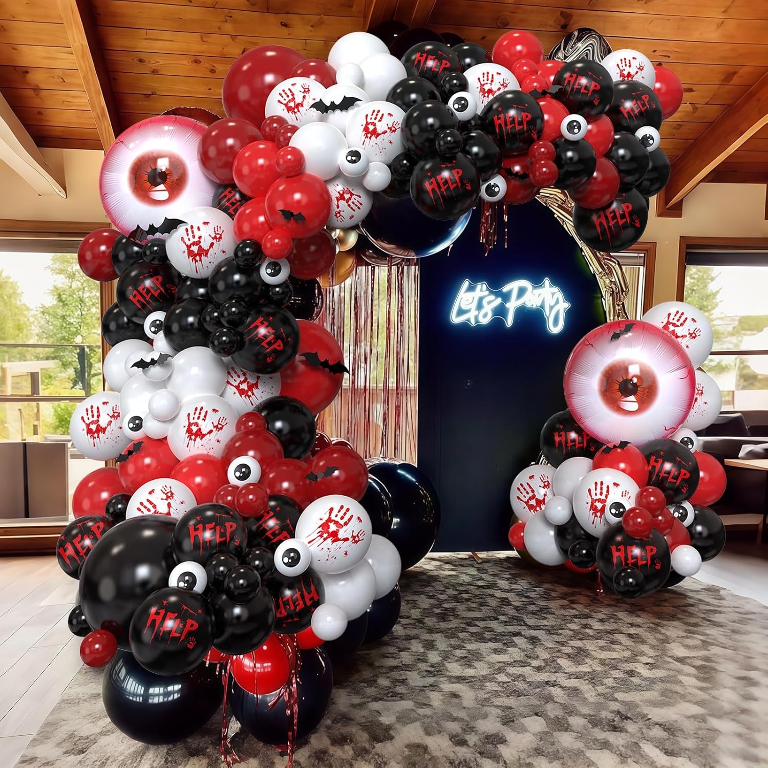 Bloody Scary Halloween Balloon Arch Kit,159Pcs Red Black White Bloody Handprints Balloon Garland with Eyeball Foil Balloons,3D Bat Stickers for Horror Movies Night Killer Birthday Party Decorations - Image 7