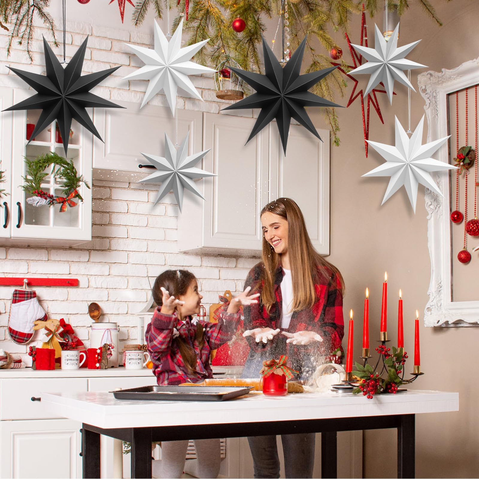 ANNERSAT 6pcs 9 Pointed Paper Stars, 40cm DIY 3D Black Hanging - Image 3