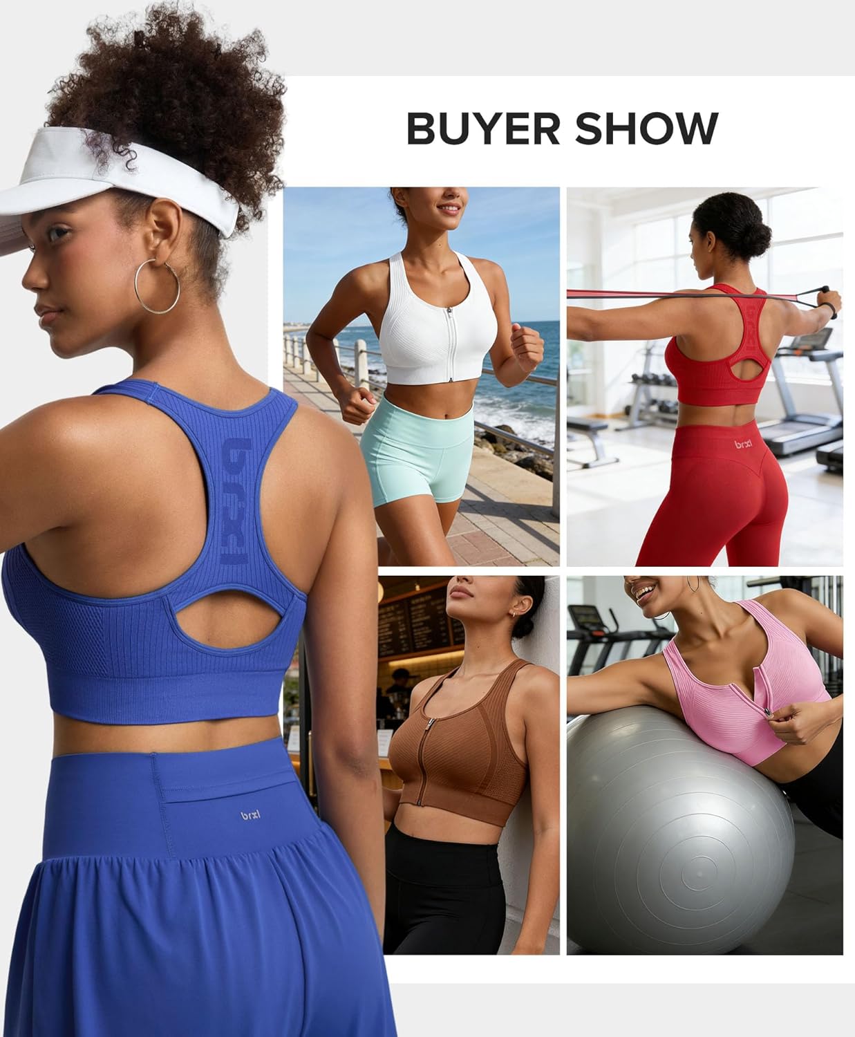 BRXL Front Zip Sprorts Bra Seamless Sewn in Pads Racerback Wide Straps Medium Impact for Running Yoga Gym