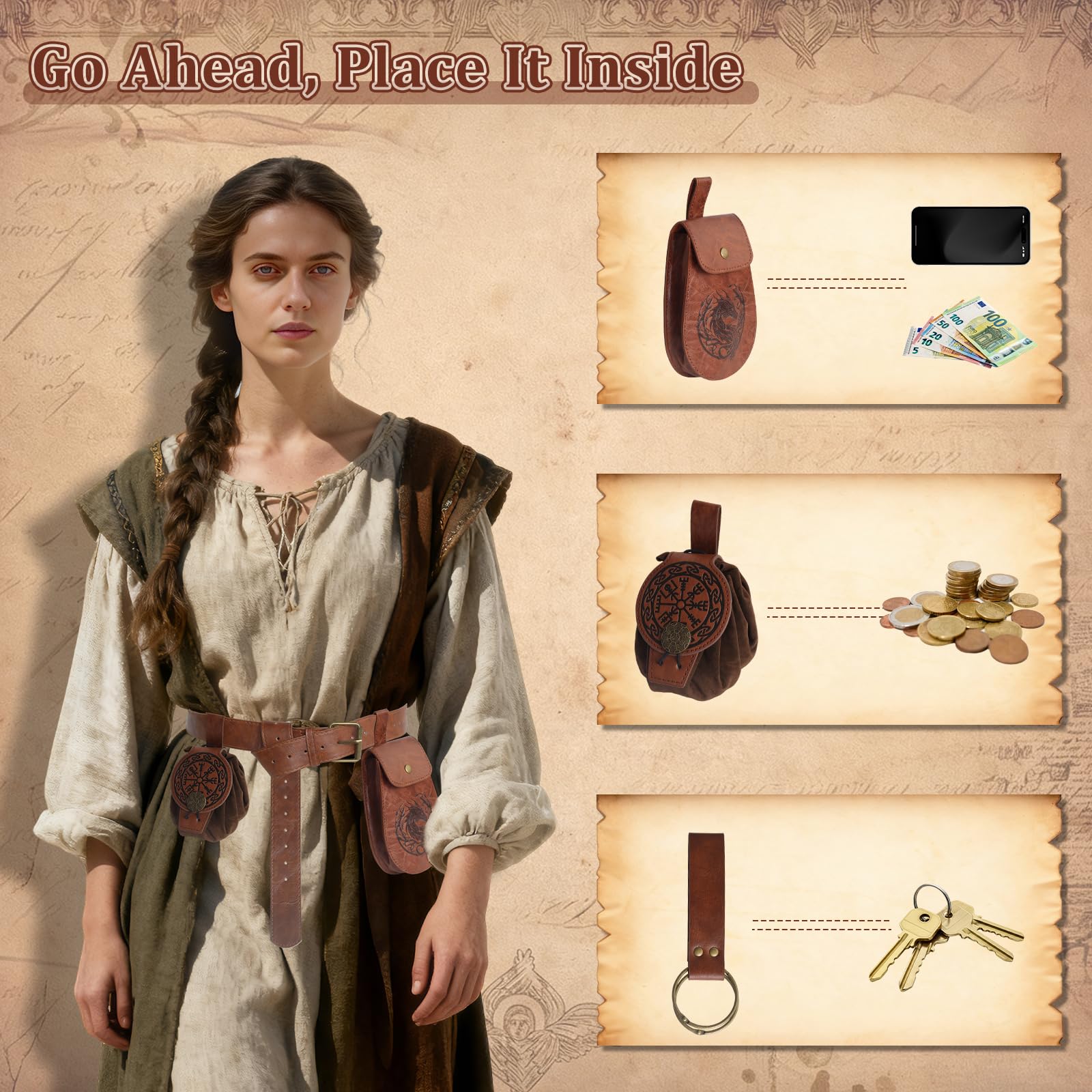 Ceinture Médiévale avec Sac Viking Ceinture, 4 Pièces Ceinture Médiévale Costume Accessoires, Viking Belt pour Fête Elfe Sorcière Cosplay Renaissance Halloween