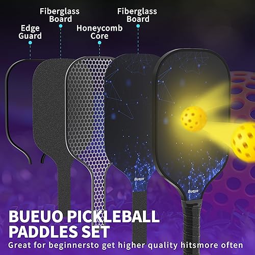 Miniatura 3 de Juego de 2 palas de pickleball hechas con fibra de vidrio y polipropileno de panal, incluye 2 paletas, 4 bolas y bolsa de pickleball