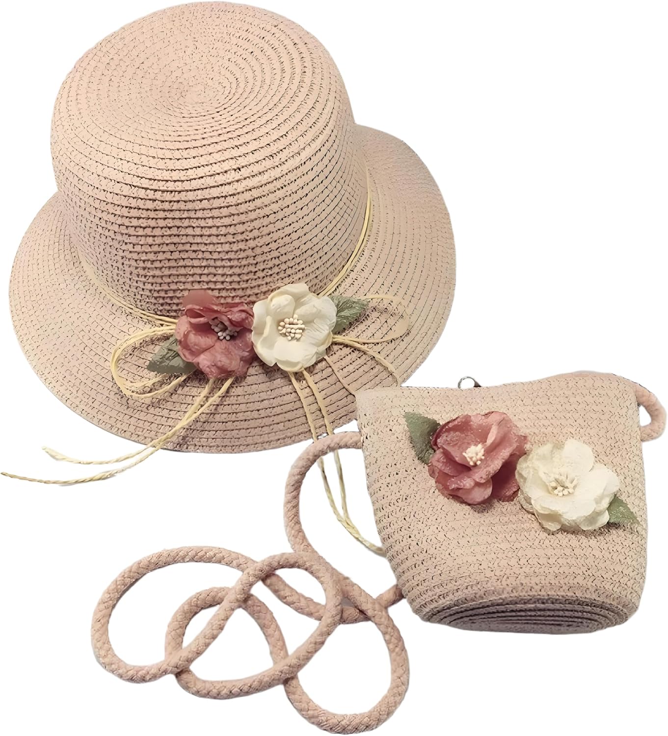 Girl Floral Straw Hat with Bag Set Kid Cute Beach Summer Sun Hat Princess Travel Bucket Small Wallet for Holiday Outdoor