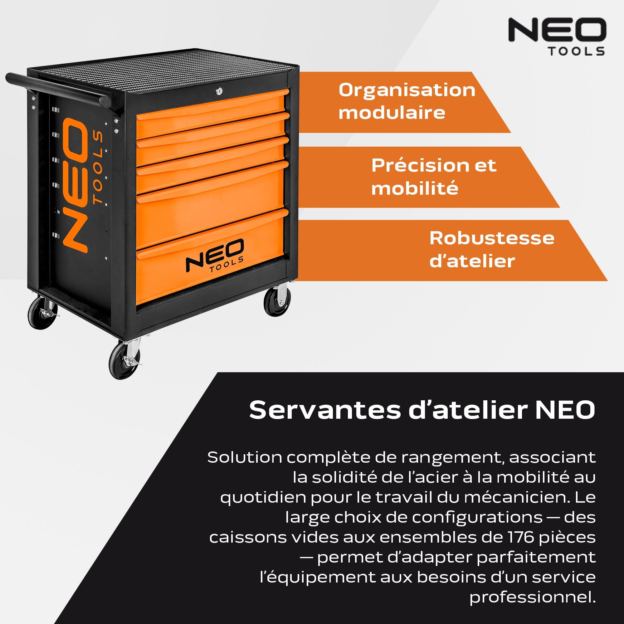 NEO TOOLS Servante d'atelier remplie d'outils, 117 pièces, 5 compartiments, tiroirs avec roulement à billes, verrouillable centralement, tapis antidérapant, roues pivotantes, frein de stationnement,