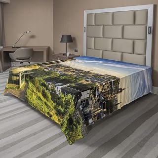 Ambesonne Cityscape Flat Sheet, Edinburgh Town Aerial View of Historical Buildings Heritage Panorama Art, Soft and Comfortable Top Sheet Decorative Bedding 1 Piece, Full Size, Fern Green Blue Tan