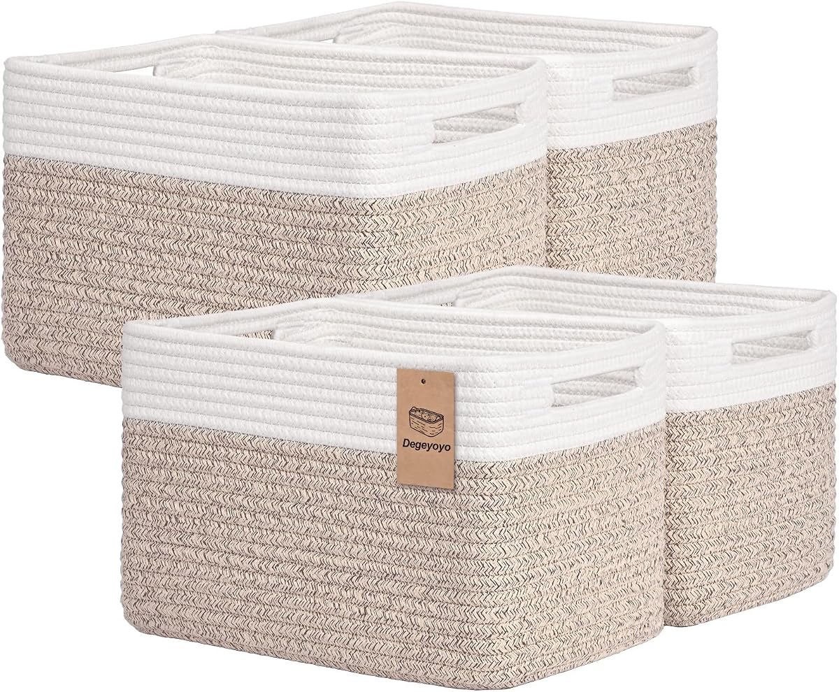 Storage Baskets for Organizing, 4 Pack Baskets for Shelves, Decorative Storage Bins for Shelves, Cotton Rope Storage Basket with Handles, Woven Basket for Storage, 13''Lx8.7''Wx7.9''H, White & Brown