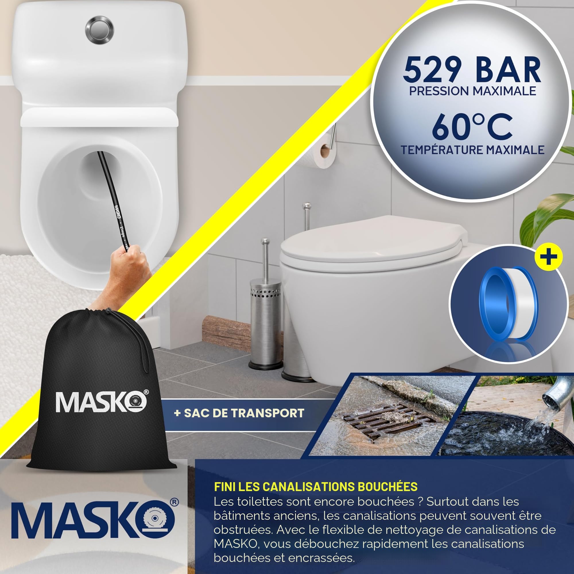 MASKO® Débouche canalisation premium Kit de débouchage 200 bars, sac 3 adaptateurs 2 buses + système rotatif inclus compatible avec le nettoyeur haute pression Kärcher k2-k7 LAVOR kit universel, 30m