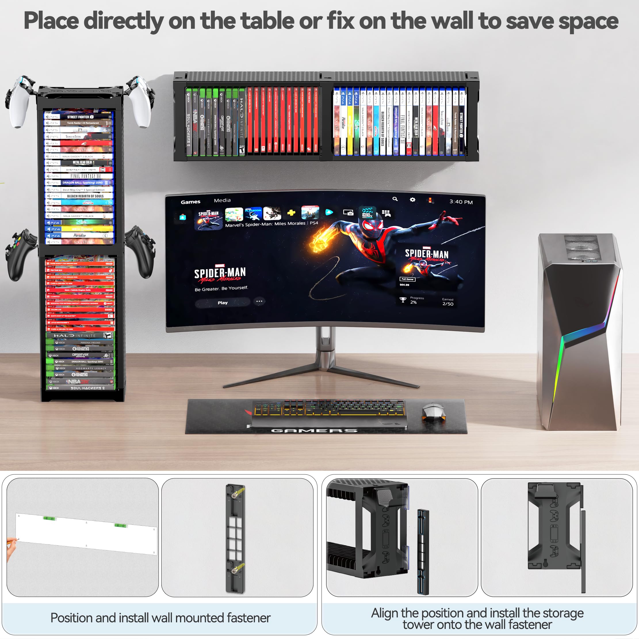 Kytok Support Universel Organisateur pour Jeux Vidéo, Tour de Rangement Compatibilité avec PS5/Switch 2/Xbox One/Series/PS4/PSP (Deux étages)