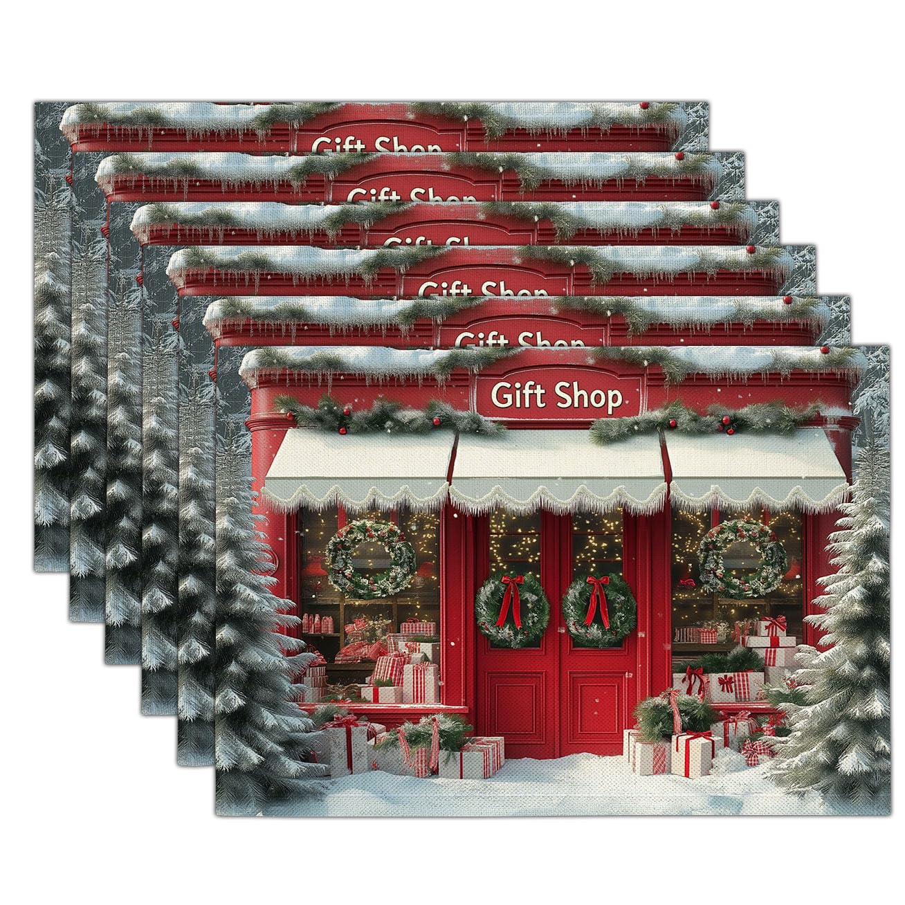 Decoración de mesa de Navidad, juego de 6 manteles individuales de tienda de chocolate, decoración de Navidad, manteles individuales rojos profundos para el hogar, lavables, a prueba de calor