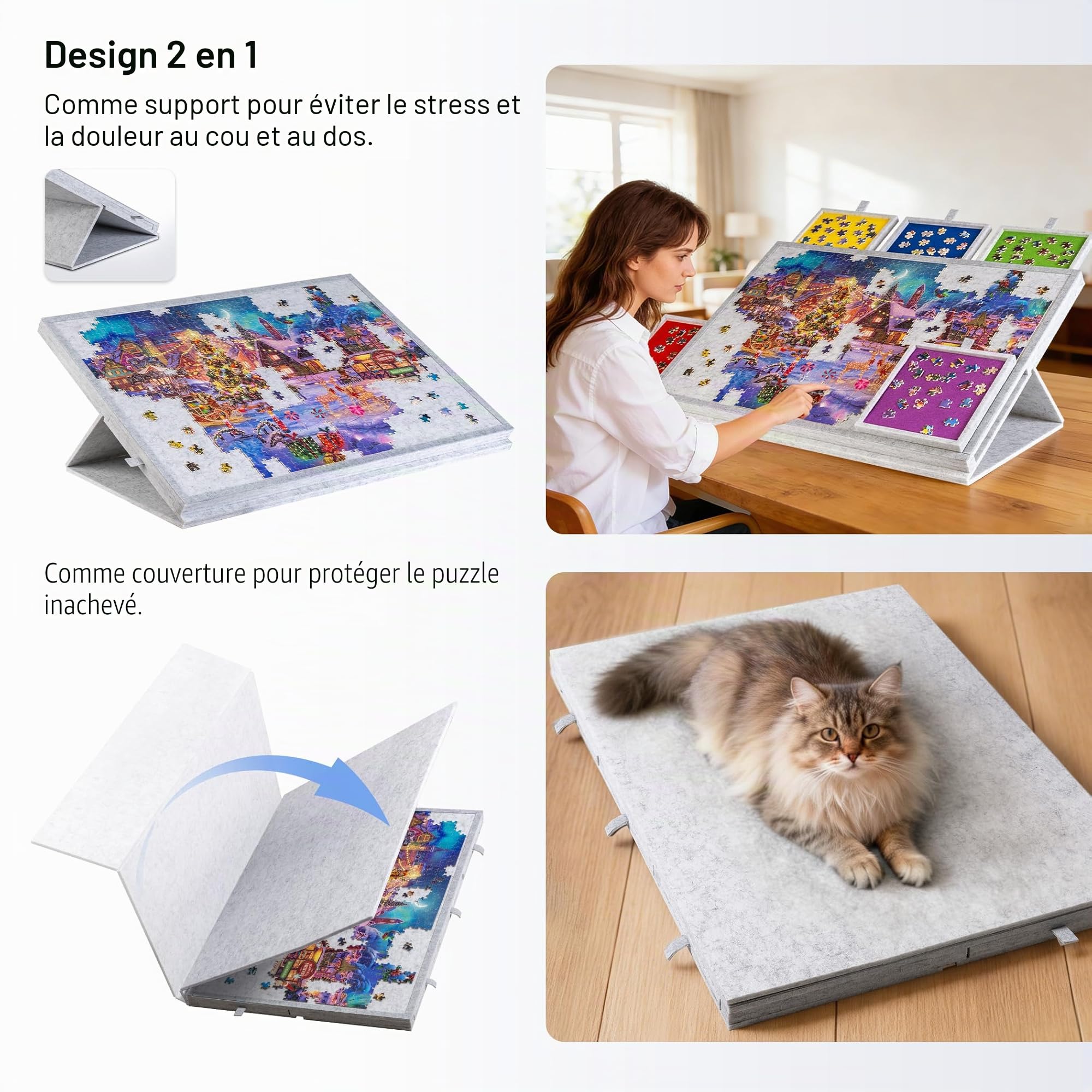 Lavievert Planche de Puzzle Inclinable 2 en 1 Support Housse Plateau Feutre Léger 6 Tiroirs Table Portable 1000 Pièces Gris Clair