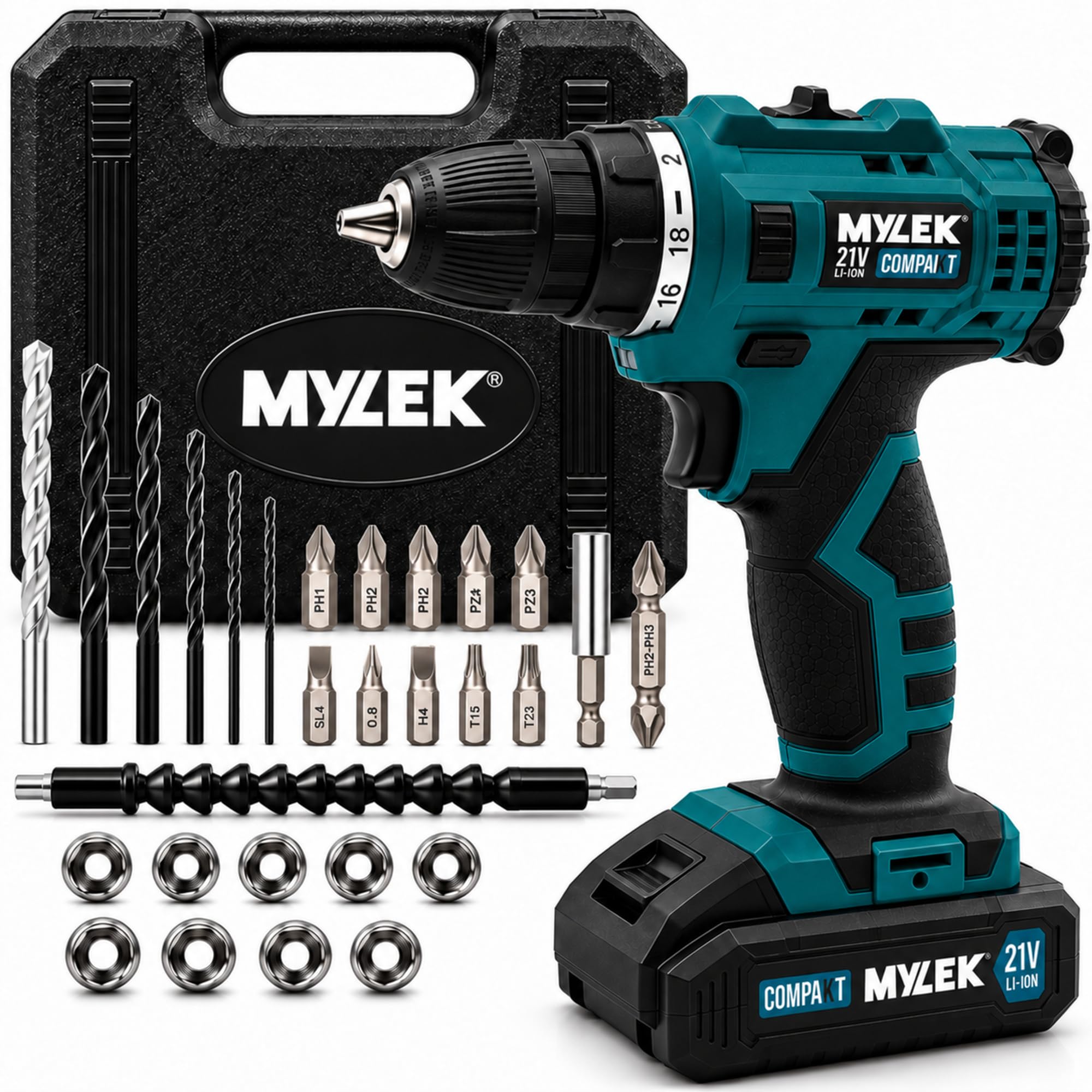 MYLEK Cordless Drill Electric Driver Set, Lithium Ion Battery, Combi Screwdriver Pack, DIY Piece Accessory Kit and Carry Case (Blue 21V & 29 Piece Accessory Kit) (Blue 21V 2 Speed)