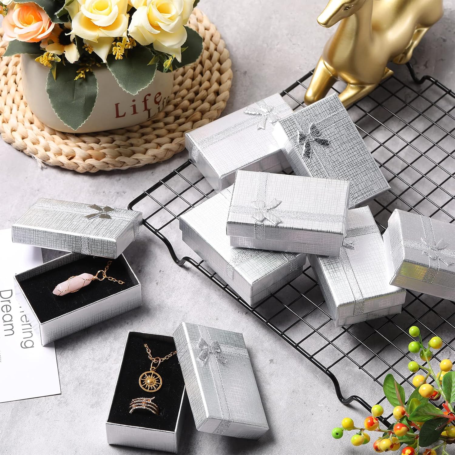 72 Pcs Jewelry Gift Box Set Small Gift Boxes Cardboard Paper Jewelry Boxes Packaging Empty Gift Boxes with Lids Ribbon Bowknot for Rings Earrings Bracelet Necklace Boxes, 2 x 3.1 x 1.1 Inch (Silver)