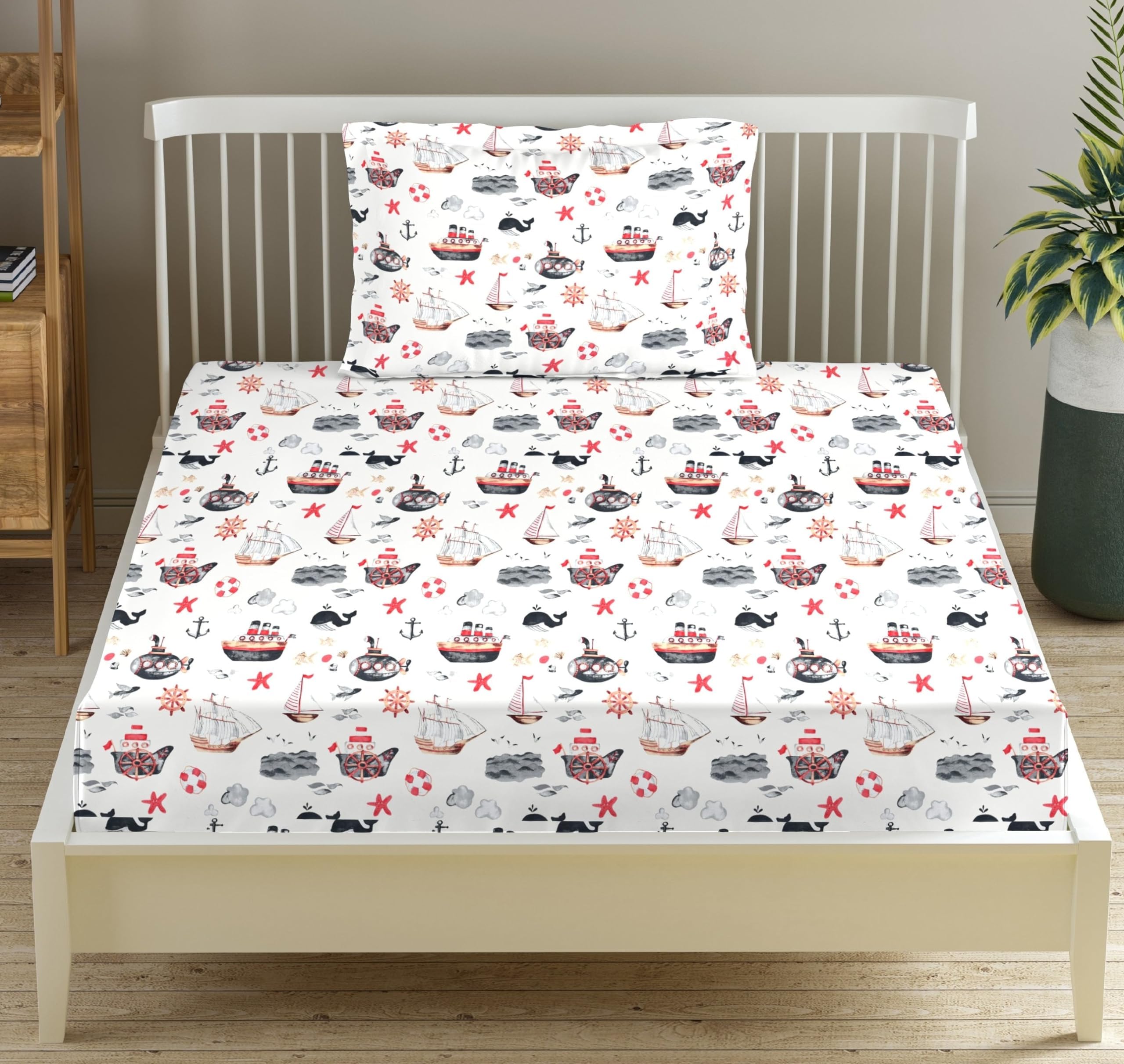 Trance Home Linen 180 TC| 100% Cotton Kids Collection Skin Friendly Flat Bedsheet for Single Bed| Kids Cartoon Print Bedsheet with 1 Pillow Cover(60x100 inch | 5ft x 8.3ft - Boat Orange)