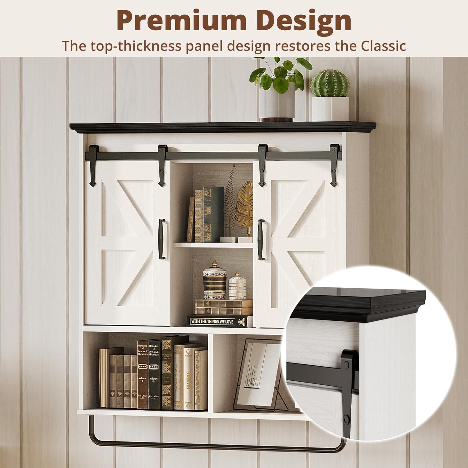 IRONCK Bathroom Wall Cabinet, Farmhouse Medicine Cabinet with Sliding Barn Door and LED Lights, Storage Cabinet Wall Mounted with Adjustable Shelves & Towel Bar for Bathroom, Kitchen, White
