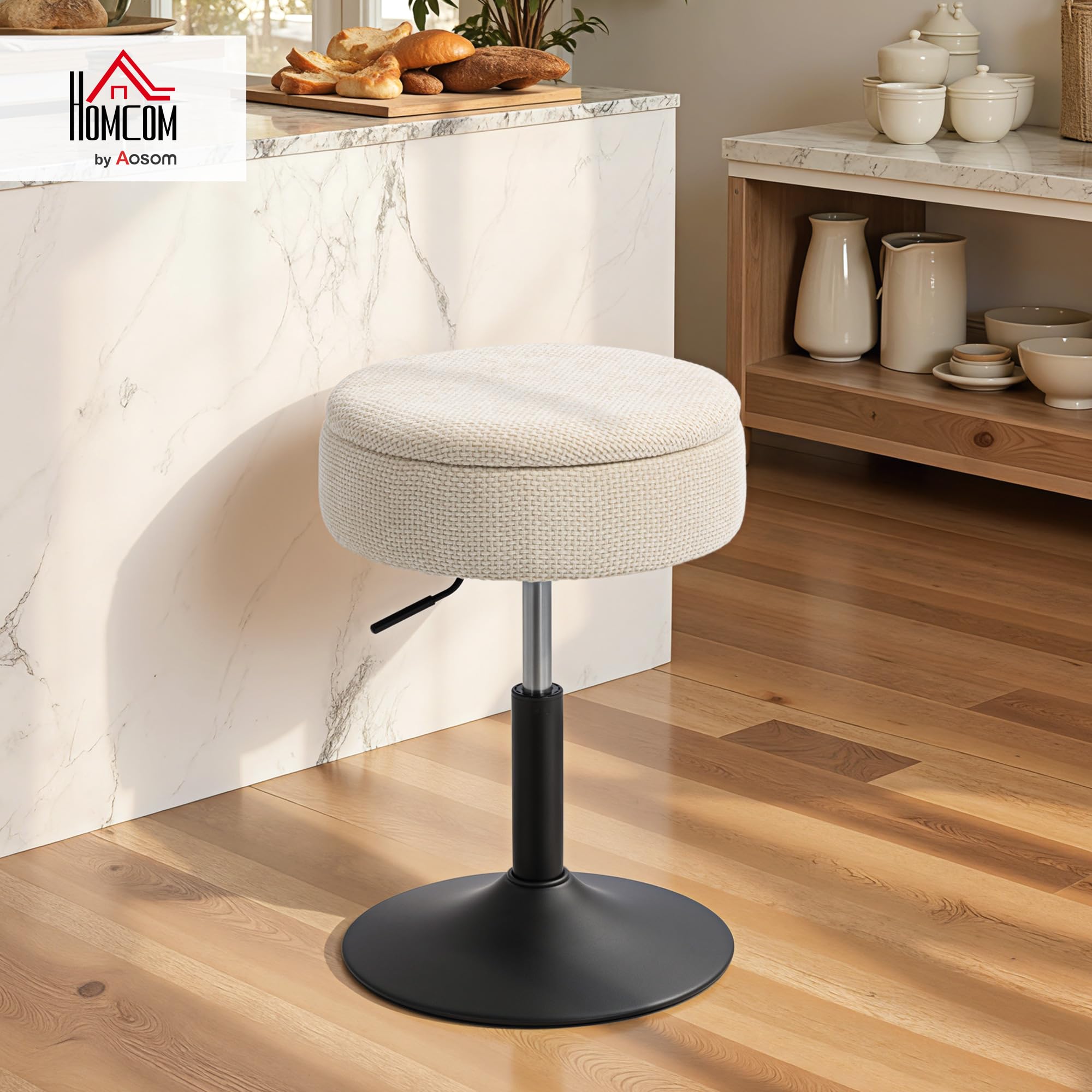 HOMCOM Taburete de Bar con Almacenaje, Altura Ajustable, Taburete de Cocina Redondo, Giratorio, Tapizado en Chenilla, Base de Acero, Diseño Botones, Acolchado, para Salón, Comedor, Oficina, Beige