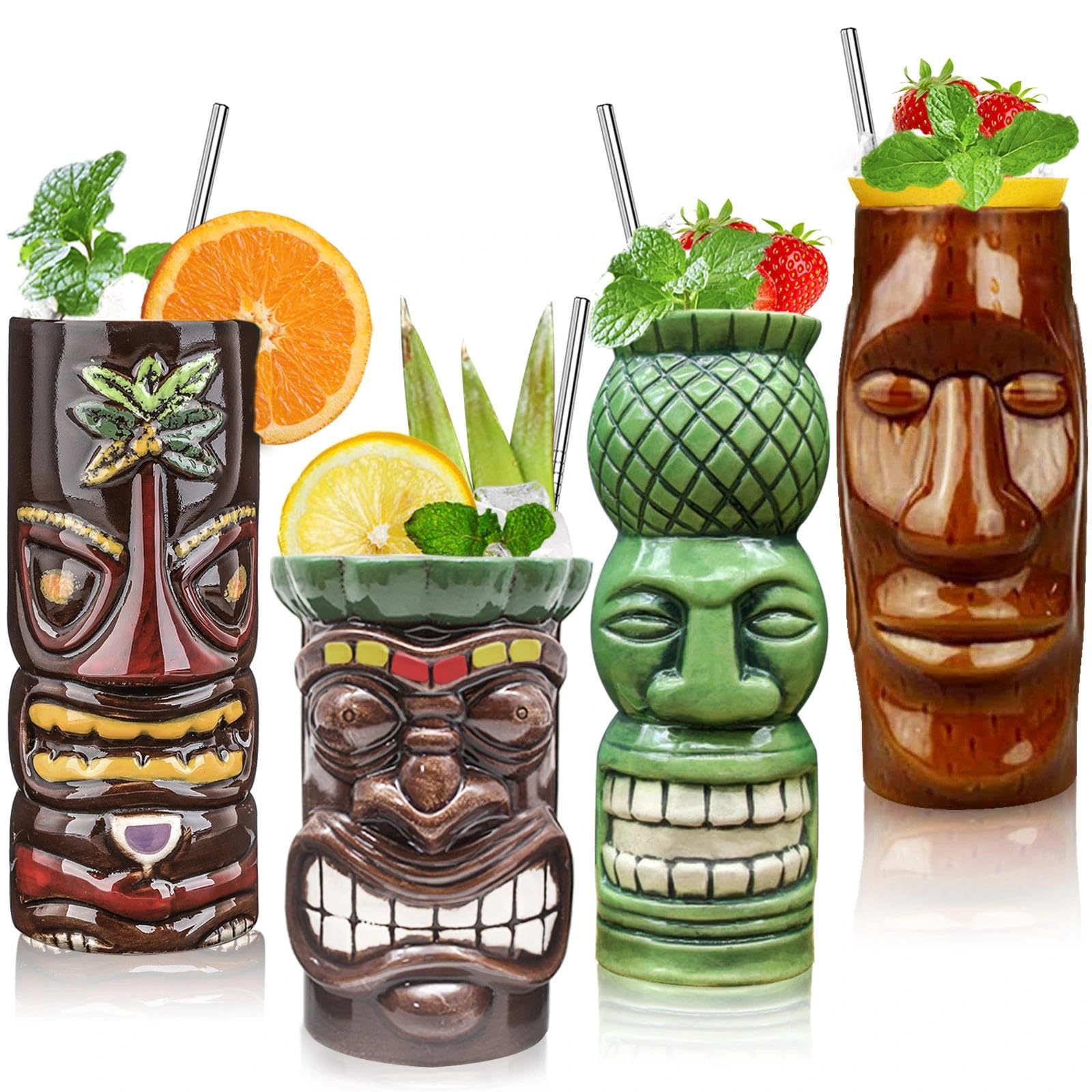 SuproBarware Tiki Mugs Set of 4 – Ceramic Hawaiian Party Mugs Drinkware, Tiki Bar Mugs for Cocktails, Premium Tropical Cups Drinks for Exotic Party