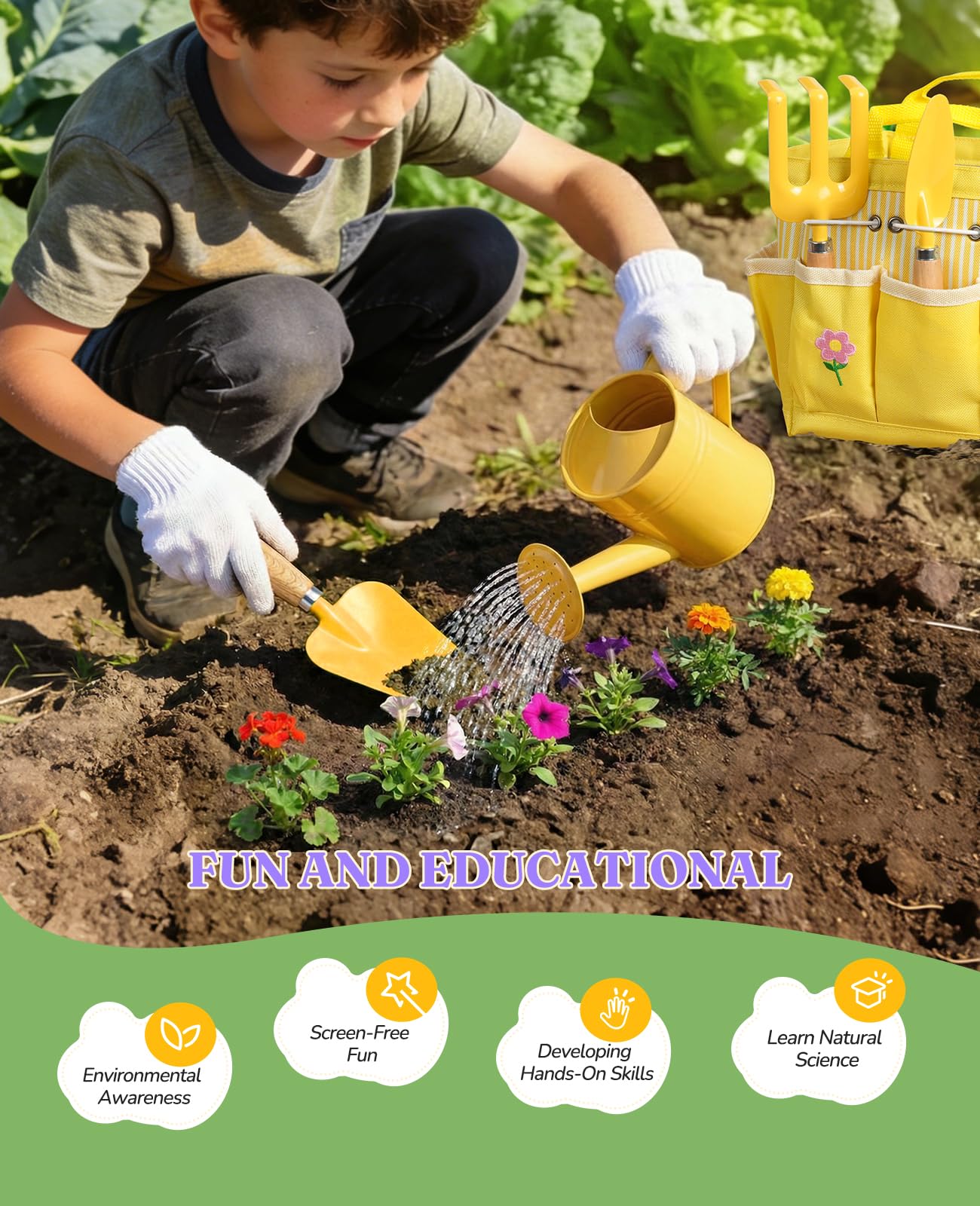 8-teiliges Garten-Set für Kinder mit Metallkorb – STEM-Outdoor-Set, ergonomische Holzgriffe, 3 Schaufeln, Rechen, Gießkanne, Handschuhe – Geschenk für Kleinkinder (Jungen & Mädchen), Gelb