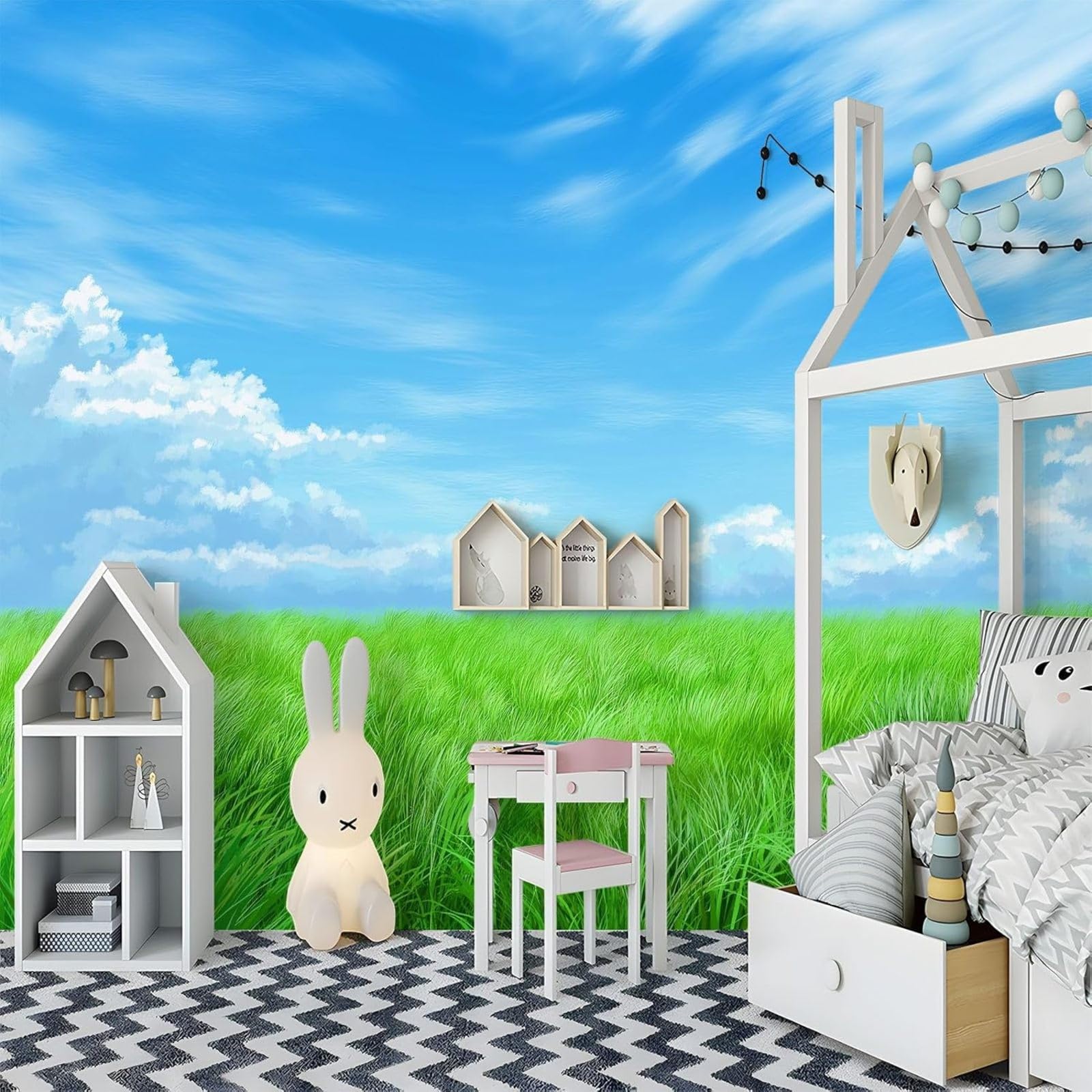 pdghsdkgjh Rural Pastoral Style Wallpaper, Cartoon Grassland Photo Wallpaper for TV Background & Bedroom - Light Blue Wall Mural, 250cm x 175cm Stickers - Frameless Painting - Poster