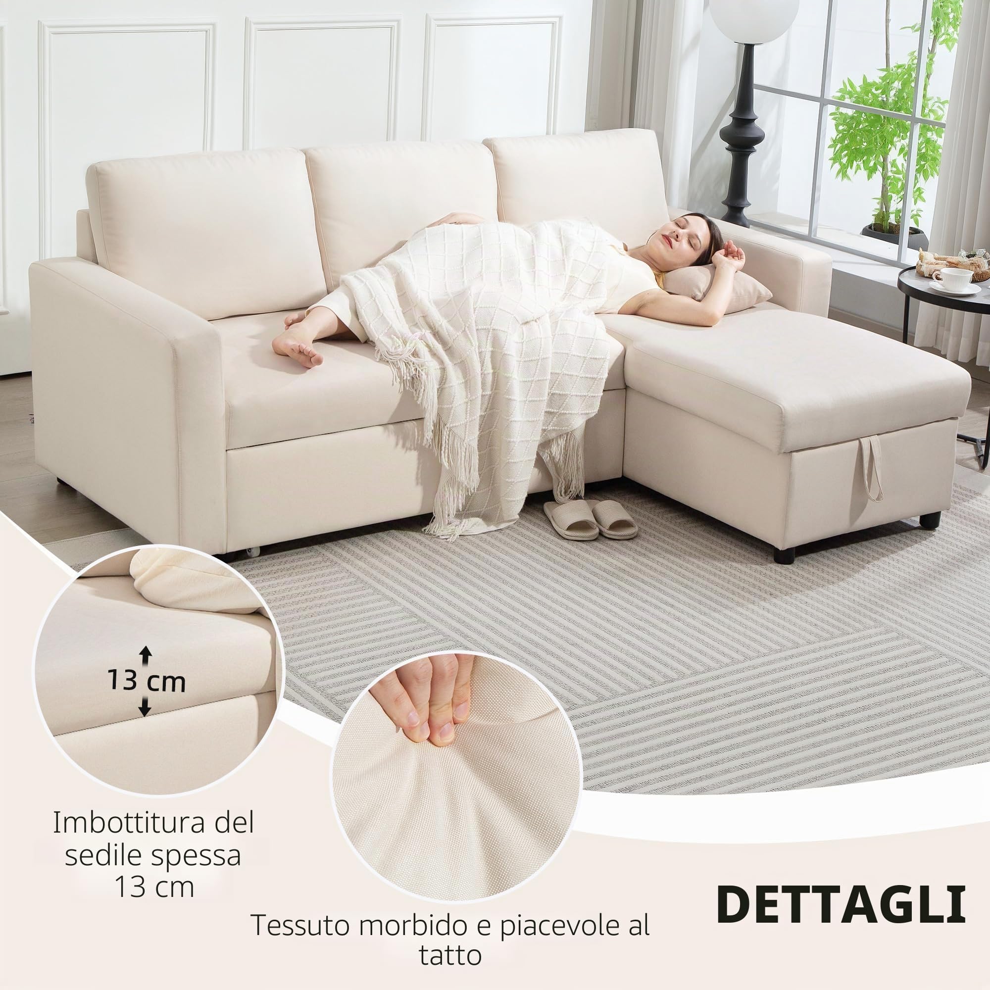 HOMCOM Divano ad angolo Convertibile divano letto 3 posti modulabile con chaise longue reversibile, contenitore integrato e 3 cuscini per lo schienale, tessuto effetto lino, color crema