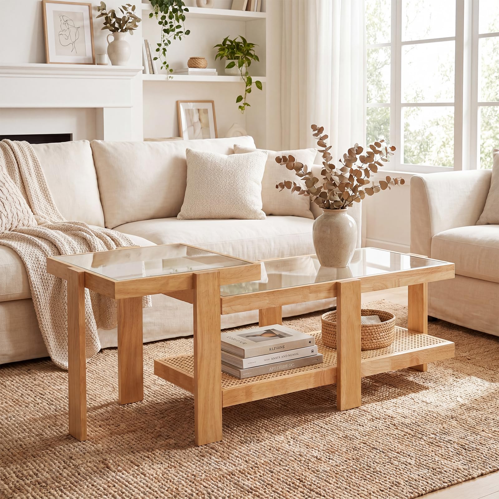 COSTWAY Tables Basses Gigognes en Verre et Bois, Table Basse Transparente