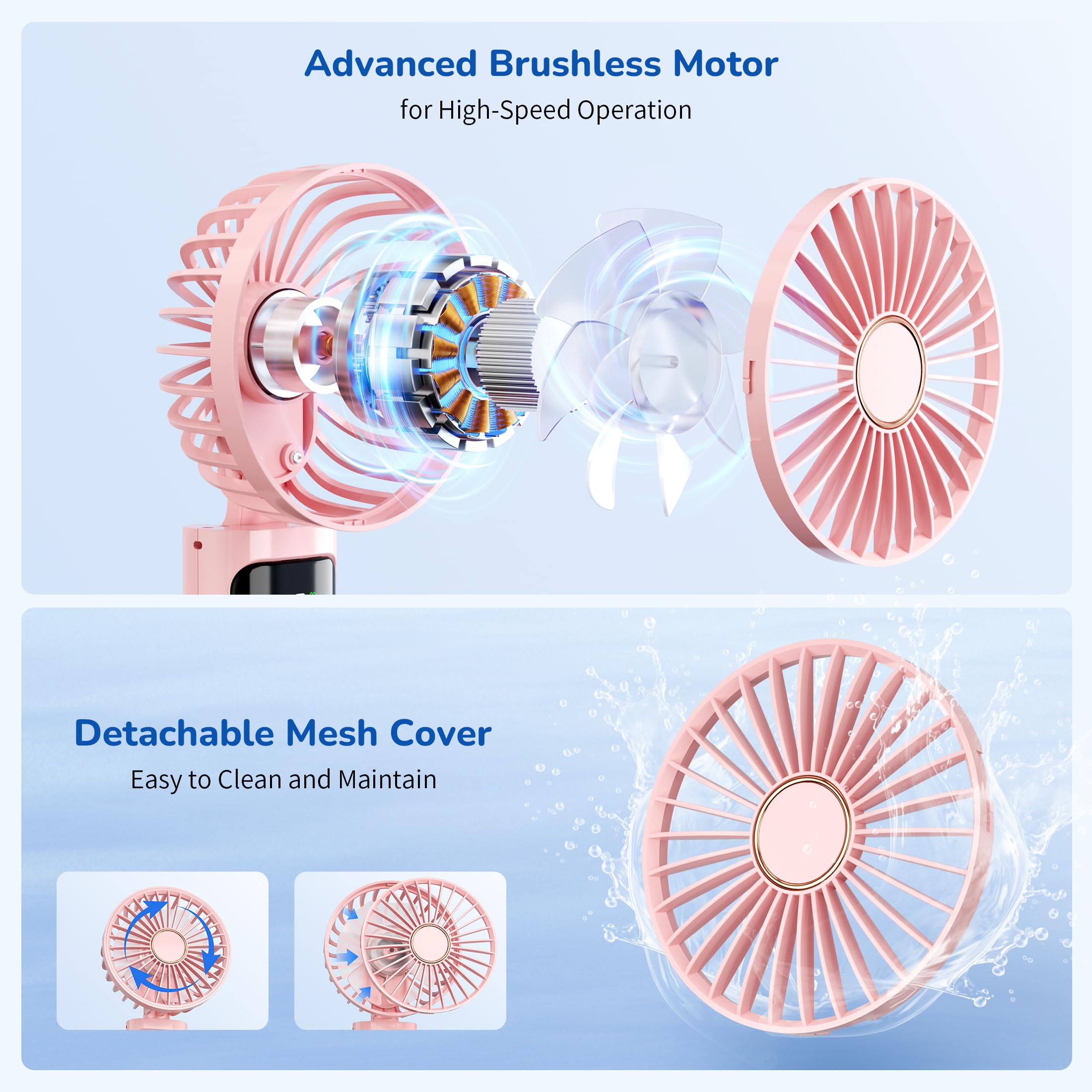 Ventilatore a Mano,Mini Ventilatore Portatile,5200mAh Ricaricabile,Piccolo Ventilatore Tascabile Con 6 Livelli di Velocità,Ventilatore USB Pieghevole a 180° per Casa,Ufficio,Scuola,Esterno,Rosa