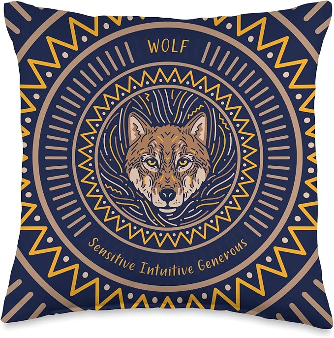 Native American Wolf Zodiac Sign for Pisces Blue Brown Throw Pillow