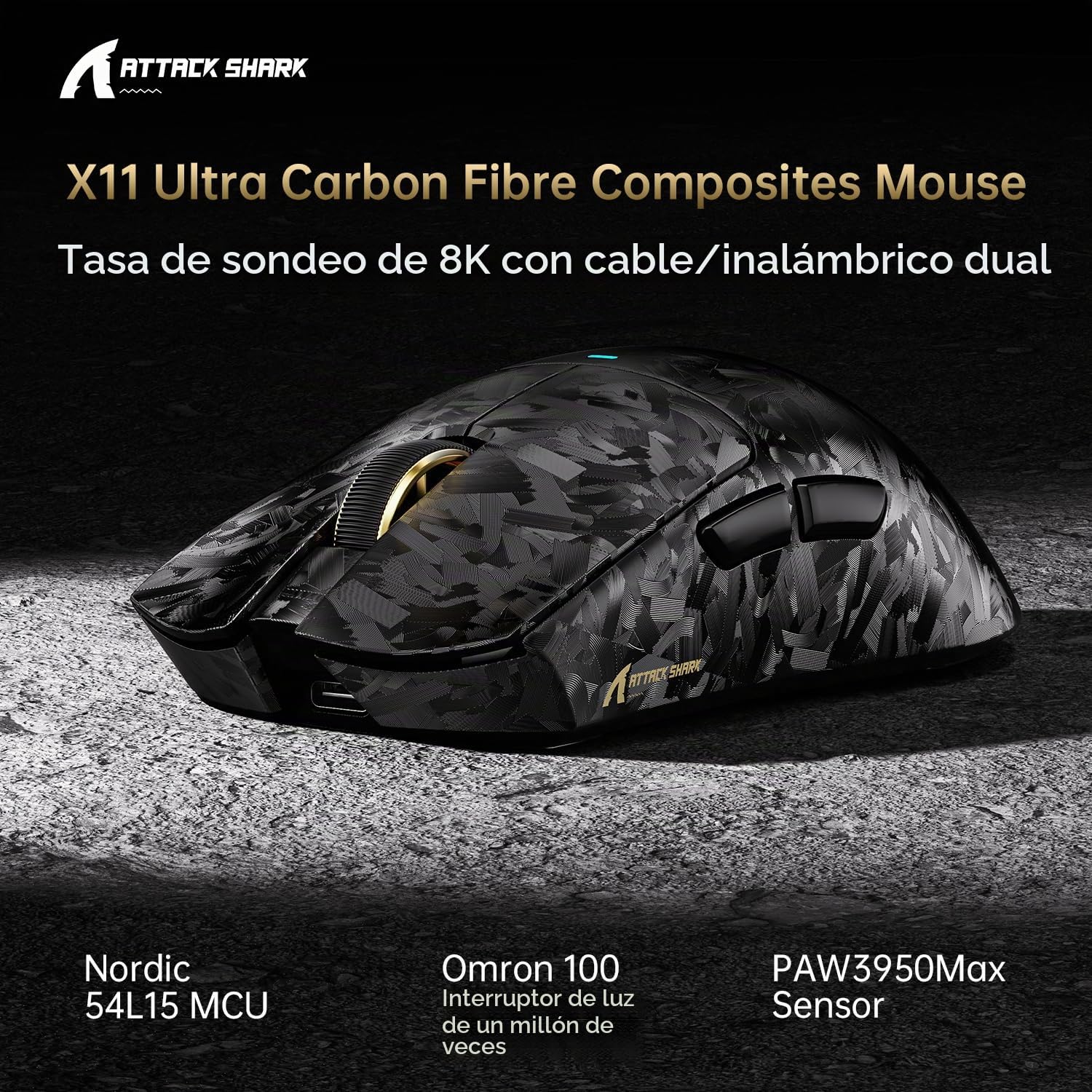 ATTACK SHARK X11 Ultra Wireless Gaming Mouse, Ultra-Light 63g, 42K dpi, 8K Polling, Nordic Chip, Carbon Fiber, for Esports & Pro Gamers