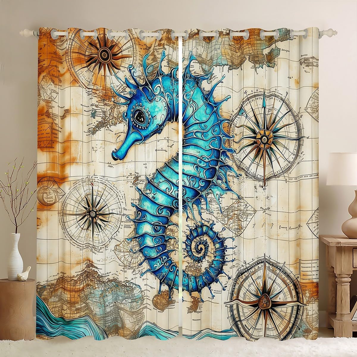Blue Sea Turtle Blackout Curtain Marine Animal Theme Window Drapes, Cartoon Ocean Life Seaweed Window Treatments, Kids Boys Girls Room Decor, Grommet Top 2 Panel Set Bedroom Curtains, 38Wx45L inch