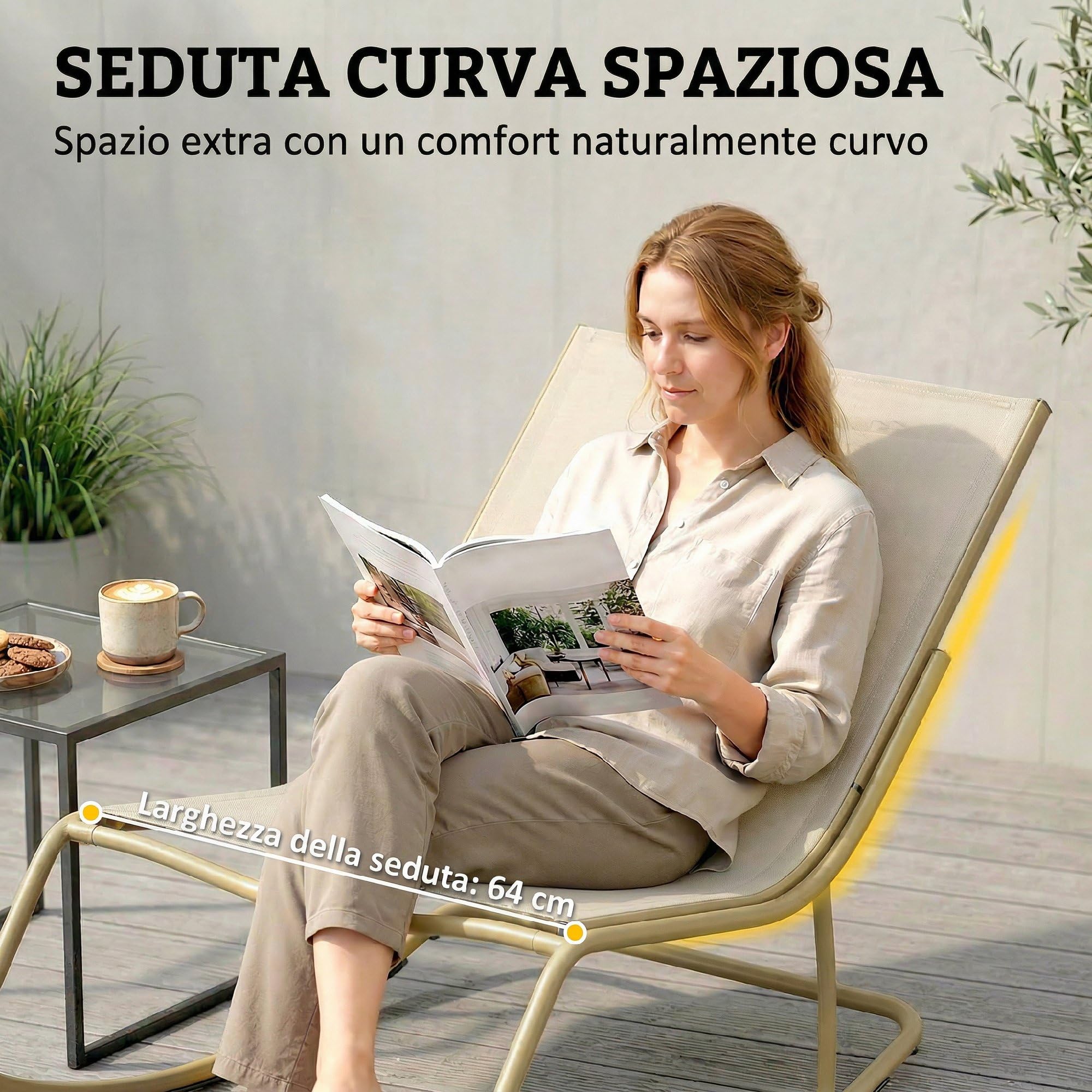 Outsunny Sedia Sdraio a Dondolo da Esterno con Seduta Extra Larga da 64 cm e Cuscino Morbido, Poltrona da Giardino, Balcone, Veranda, Cachi